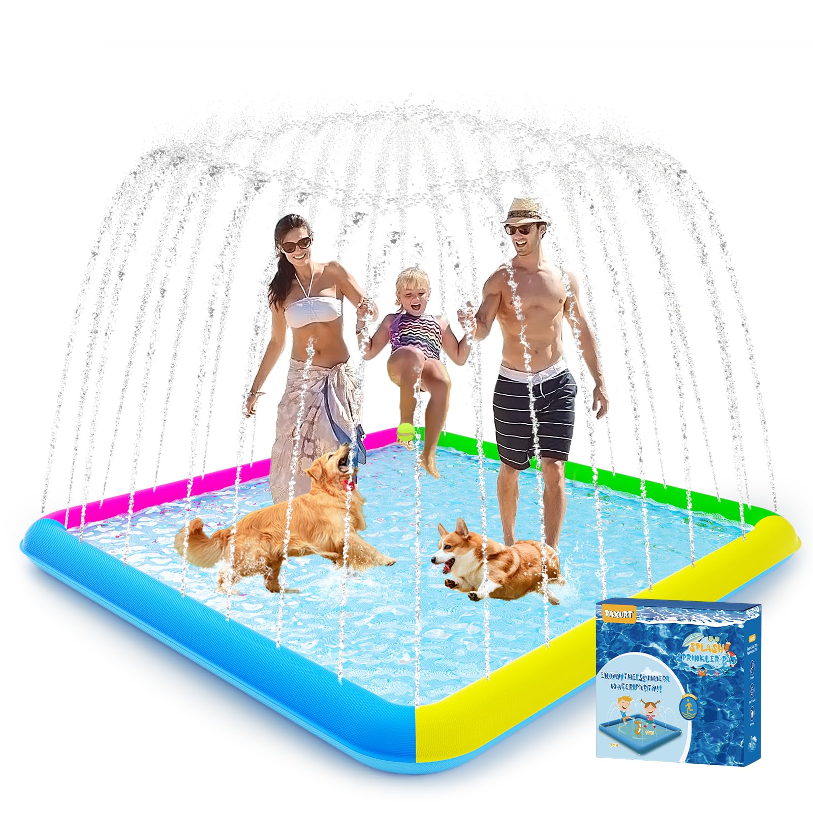 Raxurt Splash Pad, 107"- 80" Non-Slip Splash Pad for Kids and Dogs, Thickened Durable Square Dog Pool with Sprinkler Summer Outdoor Water Toys for Toddler Girls Boys Children Pet (Colorful)