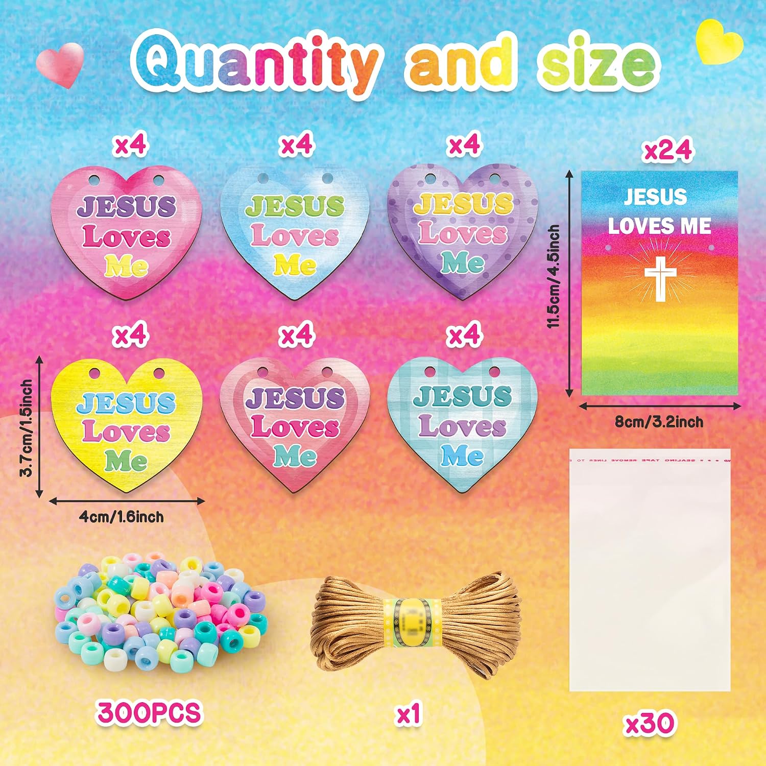 BeYumi Valentine Necklace Craft Kit - 24Pcs DIY Valentine JESUS LOVES ME Wooden Heart Pendant Beads Necklace Making with Greeting Card Christian Religious Gift Kids Church School Classroom Party Favor image 2