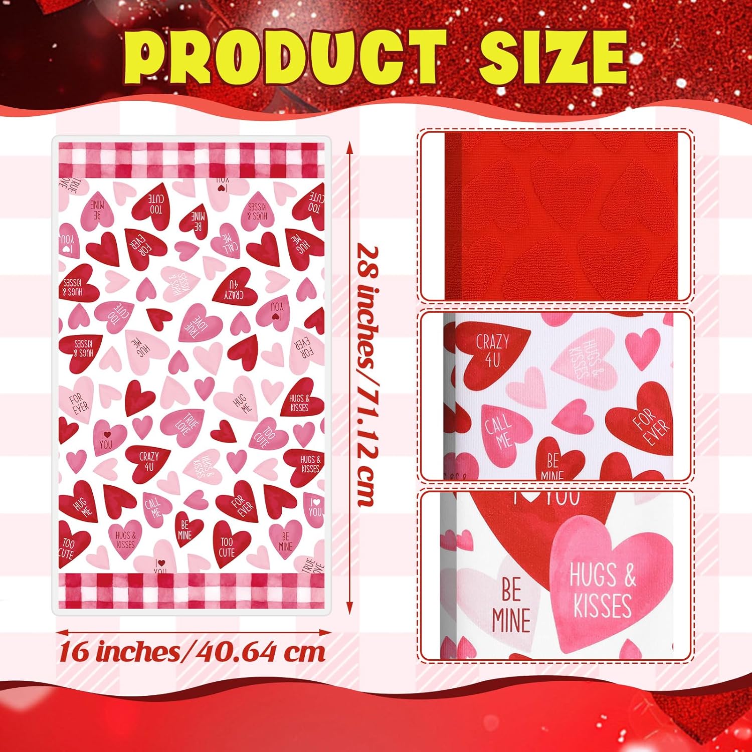 Moukeren 3 Pcs Valentine's Day Hand Towels 16" x 28" Red Pink Heart Decorative Bathroom Towels Valentine's Day Cotton Absorbent Gift Set for Kitchen Bathroom Gift Decor - Image 2