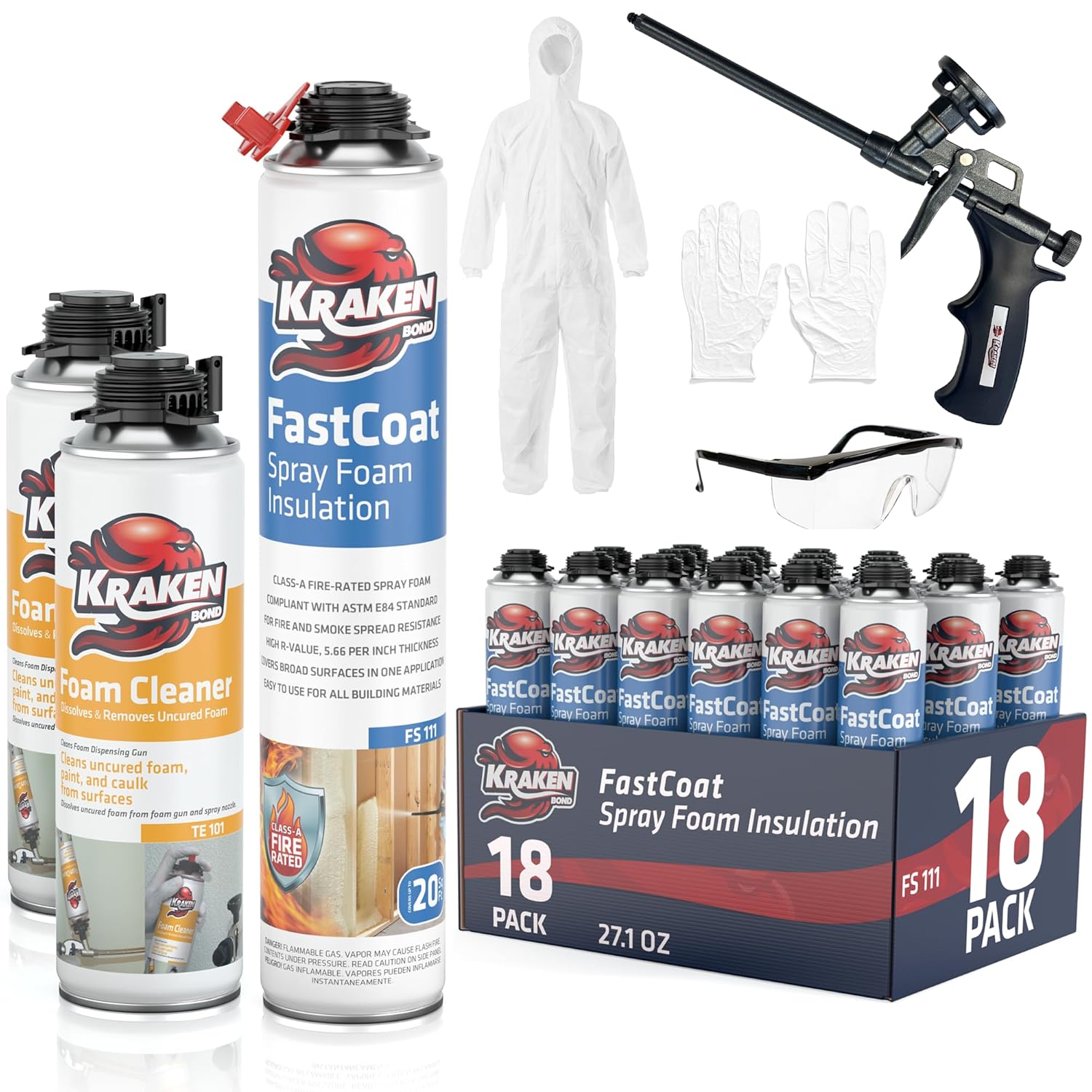 Kraken Bond Fastcoat Fire Rated Spray Foam Insulation Kit - (18x27.1 oz.) Closed Cell Expanding Polyurethane Foam - Heat and Acoustic Insulation, Gun & Cleaner Includes , 360 Board Ft, 18 Pack
