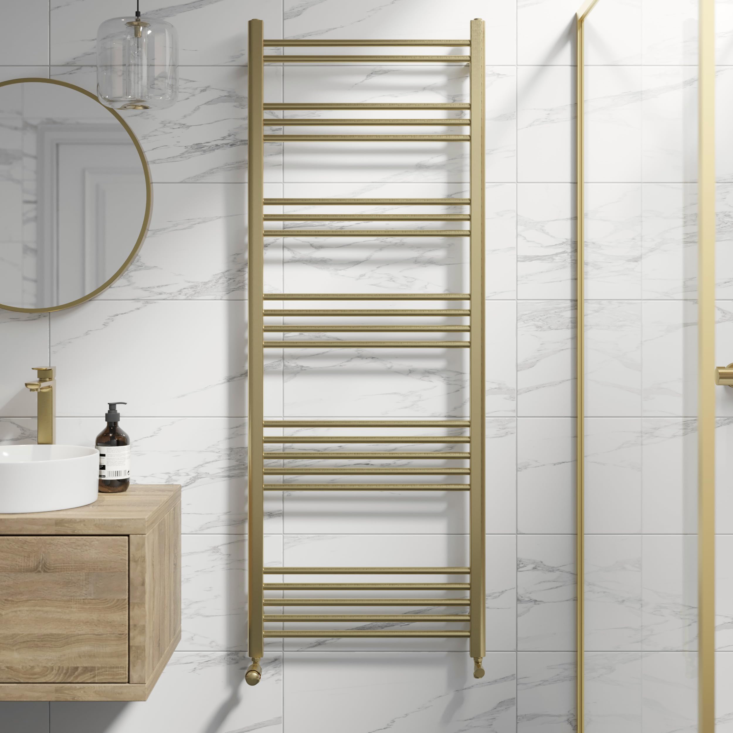 Duratherm Brushed Brass Duratherm® 1600 X 600Mm Flat Straight Heated Towel Rail Radiator Modern Central Heating Bathroom Warmer Wall Mounted Ladder Rad,