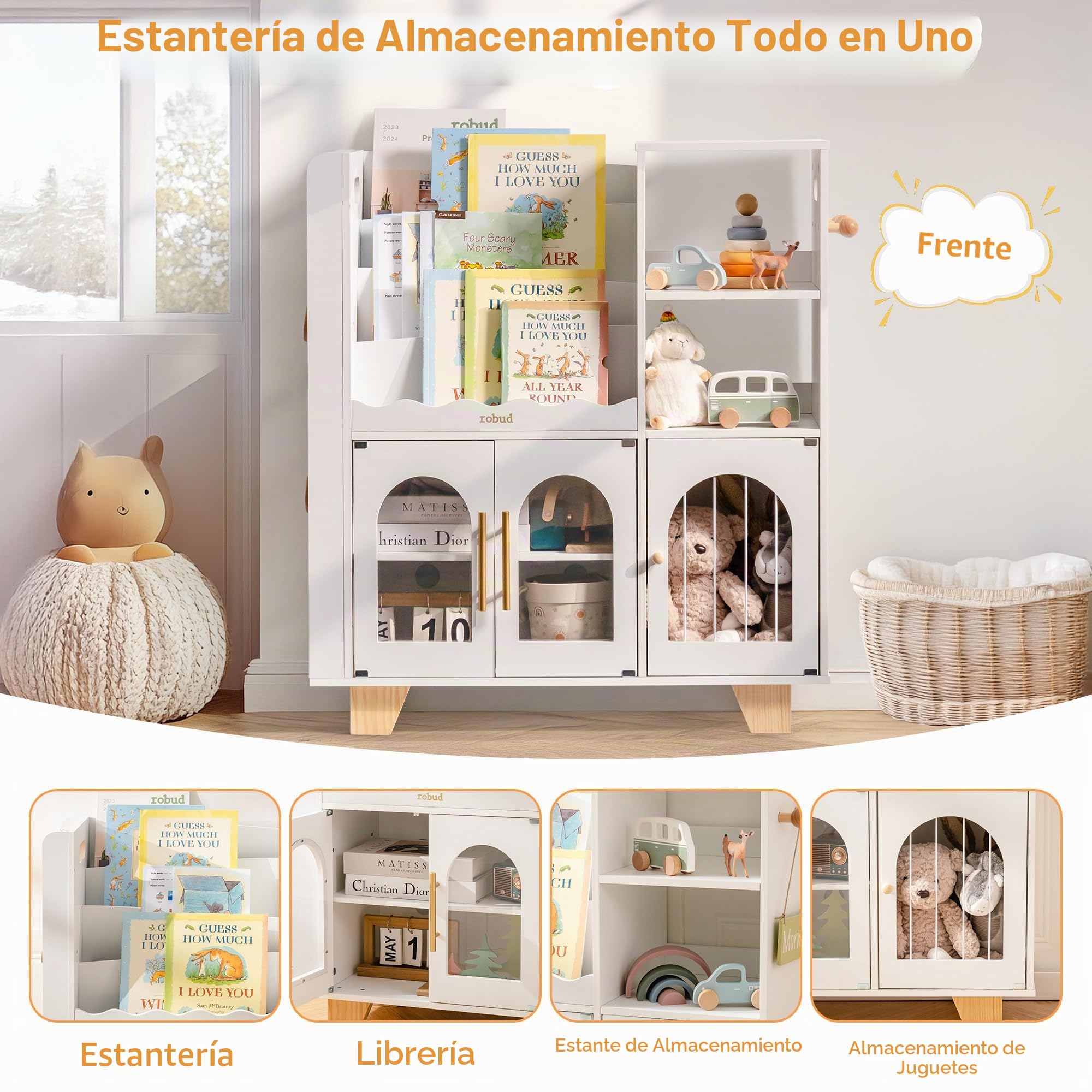 ROBUD Estantería para Libros Infantiles, Color Blanco, de Madera, Varios Niveles, con Zona de Almacenamiento de Juguetes, Armario Infantil para Grandes Libros de imágenes, Muebles Infantiles