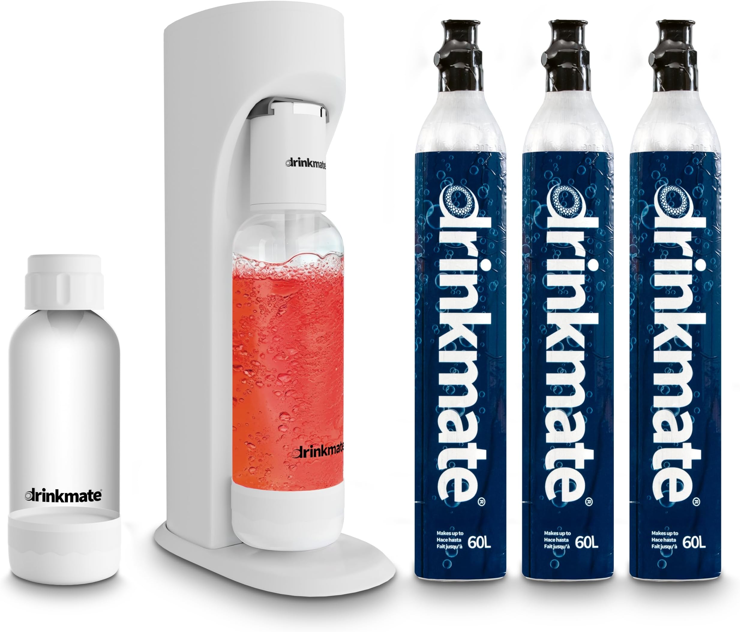 Drinkmate OmniFizz Sparkling Water Maker & Soda Streaming Machine | Carbonates Any Drink | ULTIMATE BUNDLE | Includes Three 60L CO2 Cartridges + Two BPA-Free Bottles (Classic White)
