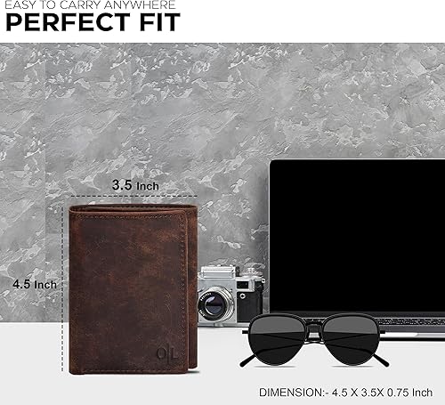 Miniatura 5 de Billetera triple de cuero real para hombres - Carteras RFID delgadas 9 tarjetas de crédito titular 2 compartimentos de identificación regalo para