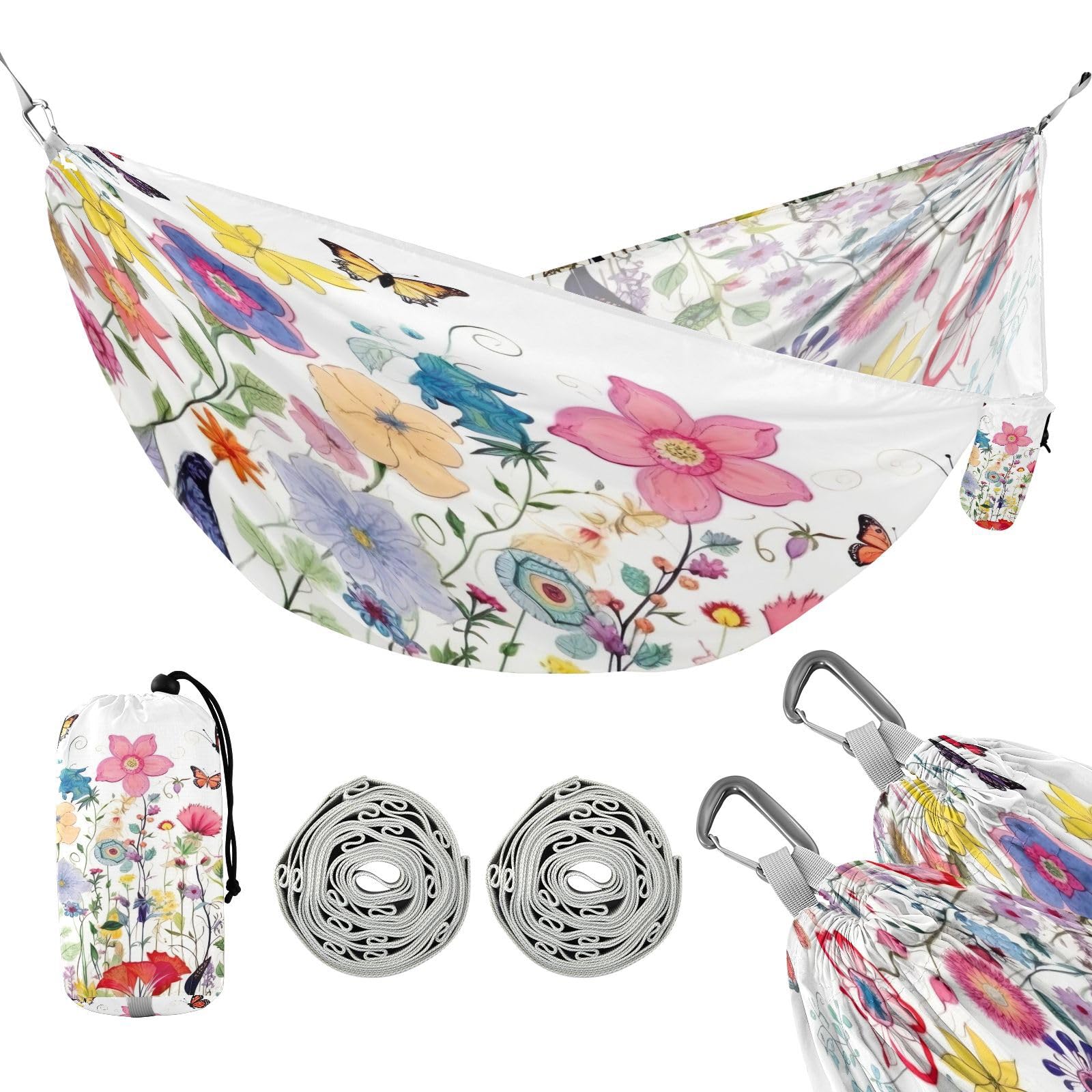 Haskirky Wildflowers Camping Hammock, Single Portable Hammocks with Tree Straps & Attached Carry Bag, 330Lbs Capacity Perfect for Outside Indoor Hiking Beach Backpack Travel