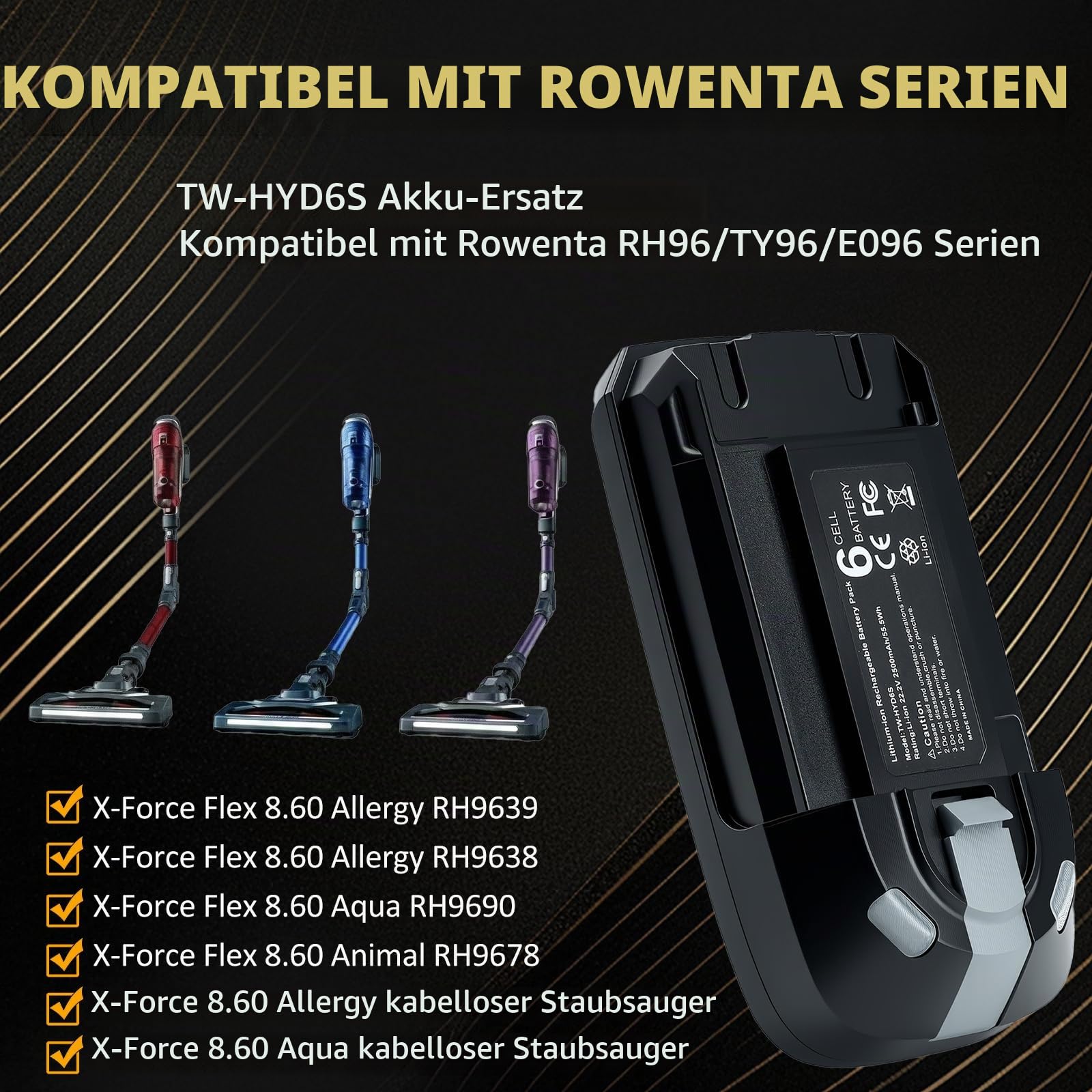 Lithium-Ionen Ersatzakku für Rowenta X-Force Flex 8.60 Serie, kompatibel mit RH9638 RH9639 RH9678 RH9690 & TY96 EO96 Serie, ersetzt ZR009700 Akku – 22,2V 2500mAh 55.5Wh