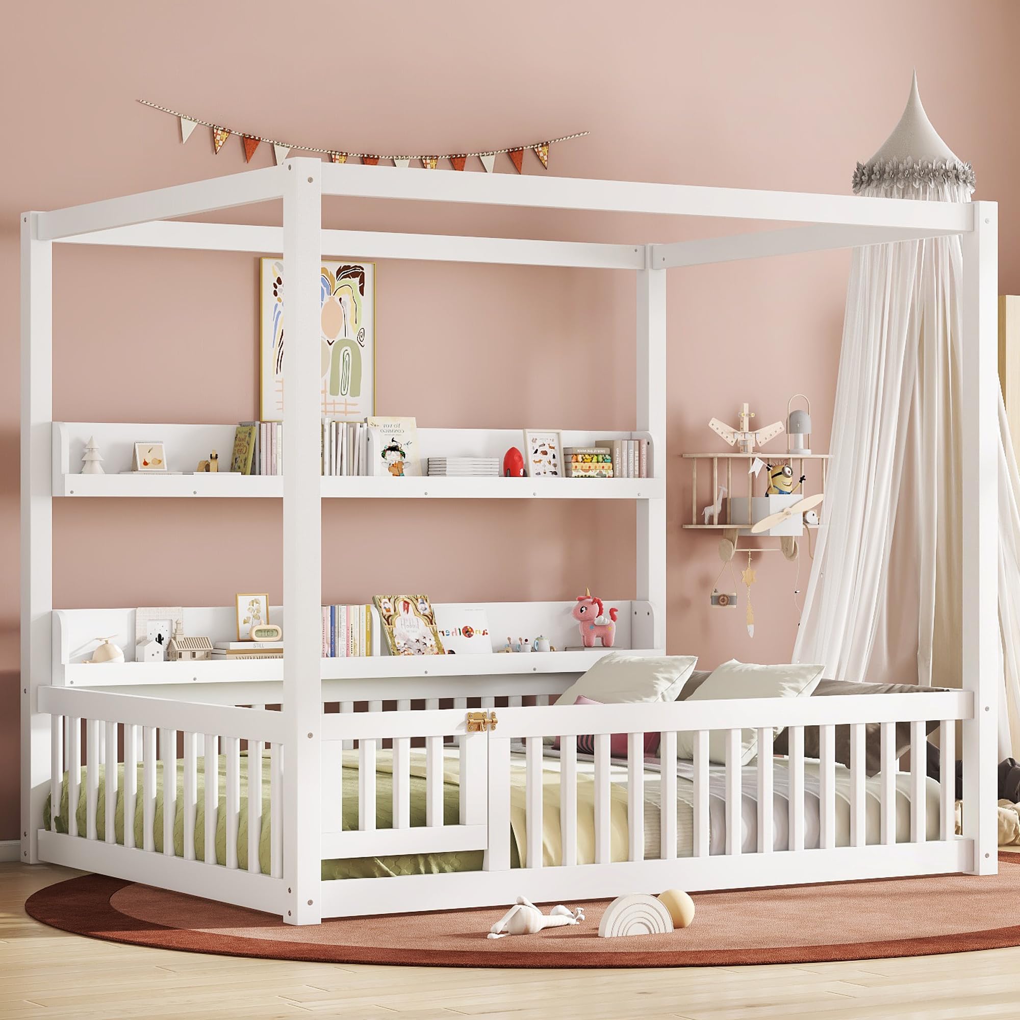 Bellemave Full Size Canopy Bed Frame with 2 Tier Storage Shelves and Guardrails, Full Size Montessori Floor Bed with Fence and Slats, Montessori Bed