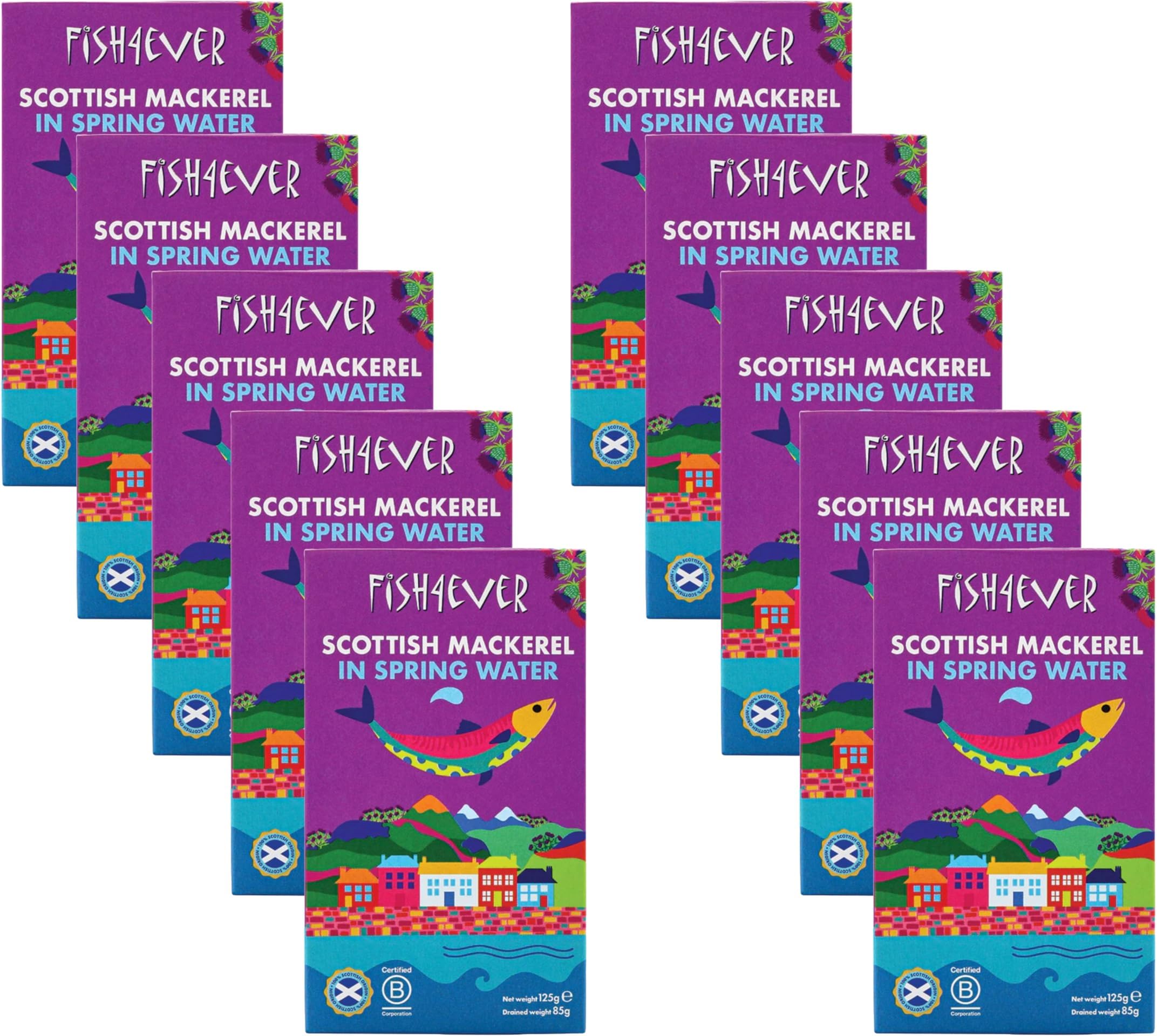 Fish 4 Ever - Mackerel Fillets In Spring Water - Sustainably Fished. Tin Canned Food Rich In Omega-3, Great With Bread, Used In Pate, Pasta Or Sushi 125g (Pack of 10)