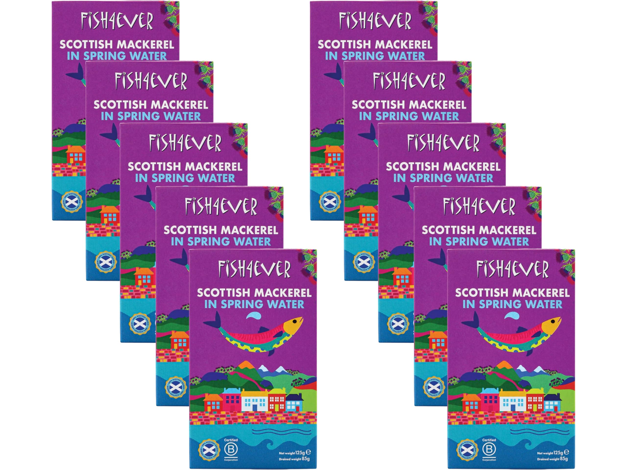 Fish 4 Ever - Mackerel Fillets In Spring Water - Sustainably Fished. Tin Canned Food Rich In Omega-3, Great With Bread, Used In Pate, Pasta Or Sushi 125g (Pack of 10)