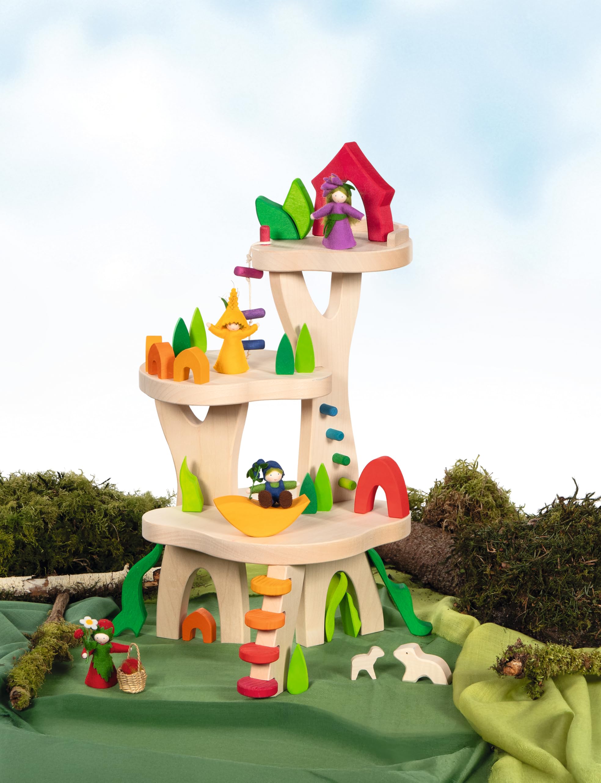 goki 51434 Domek do zabawy Wandelwelten – drewniane tło do zabawy z 3 poziomami, 28,5 x 42,3 x 25 cm, kompatybilny z figurkami HOLZTIGER