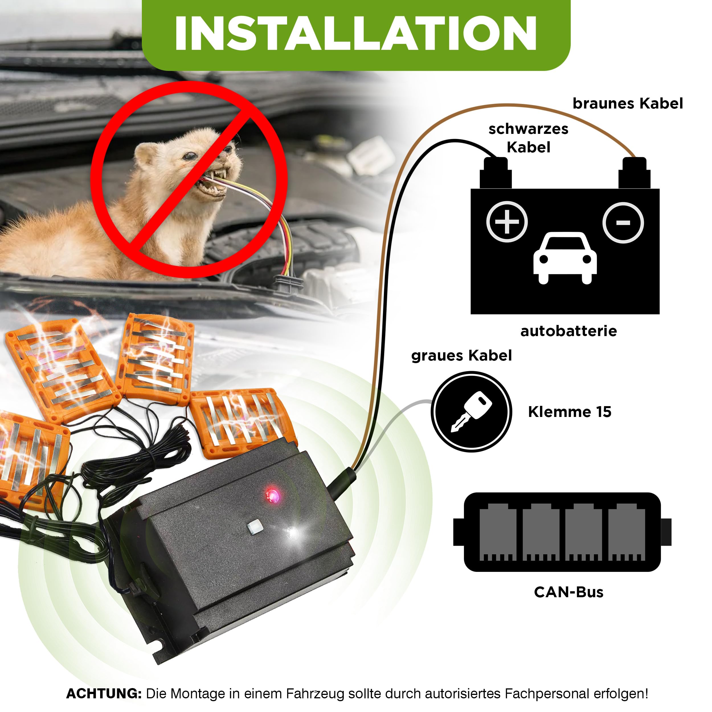 ISOTRONIC Marderschreck Auto – Marderabwehr zum Anschluss an 12V Autobatterien – Marderschutz mit Hochspannung, LED-Blitzlicht & Ultraschall – Marderschock Wasserdicht & CAN-Bus geeignet (1 Stück)