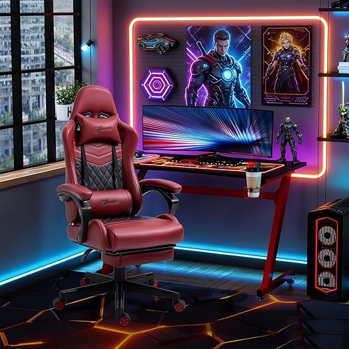 Gaming Chair, Ergonomic Computer Desk Office Chair with Footrest, Height Adjustable Swivel Chair PU Leather and Lumbar Support for Gaming and Work