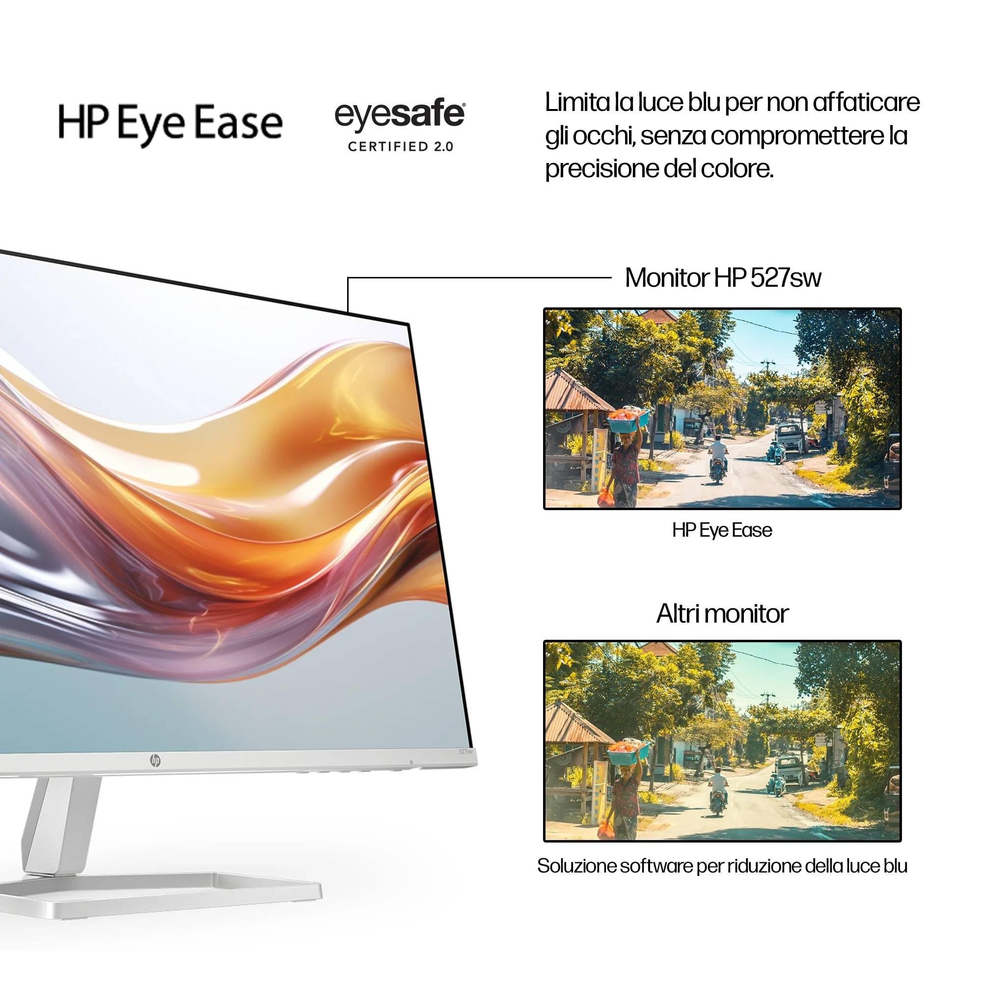 HP 527sw Monitor, Schermo da 27" FHD IPS Antiriflesso, Tecnologia Eye Ease, Tempo Risposta 5 ms GtG Overdrive, Risoluzione 1920 x 1080, Software Display Center, HDMI, Bianco