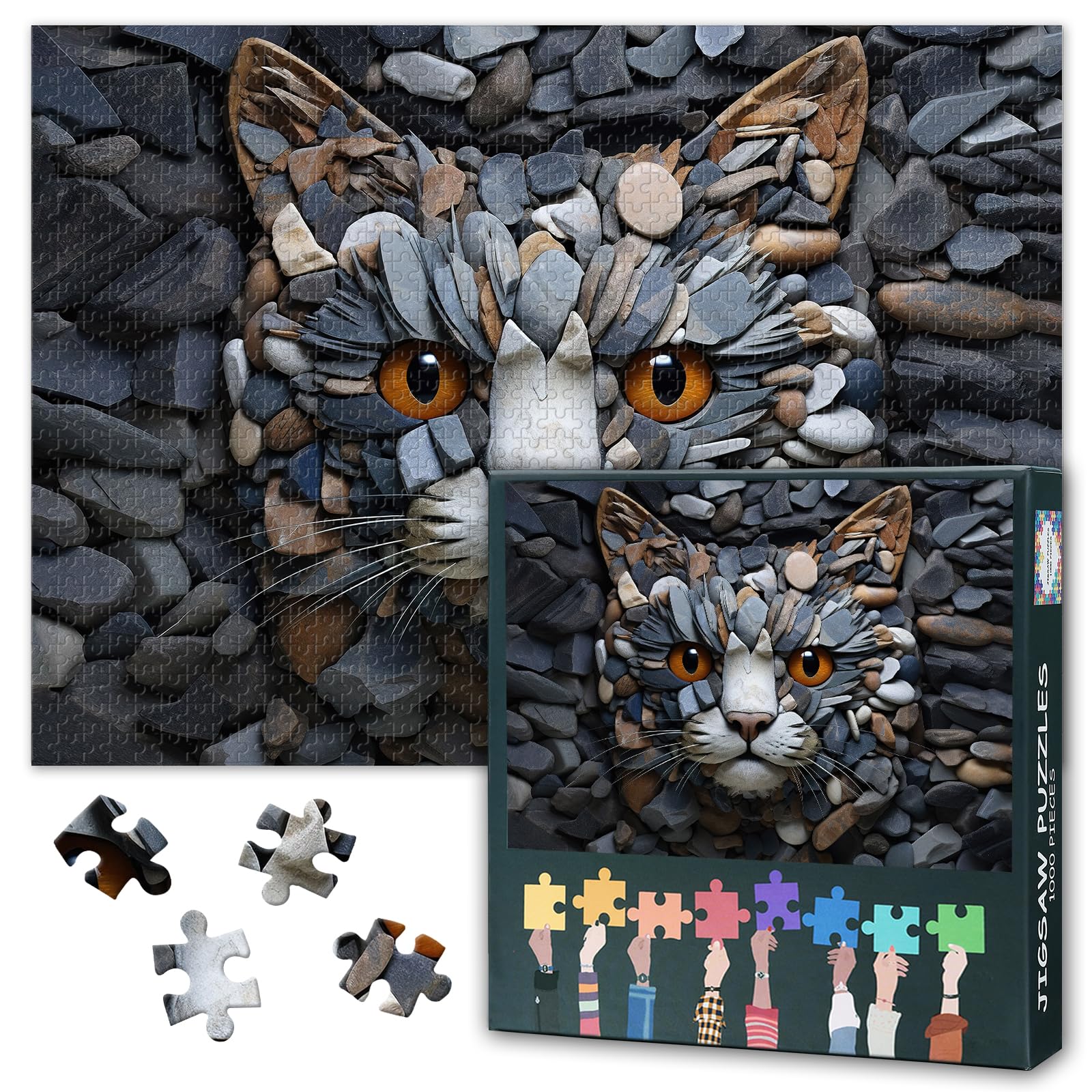 1000 Pieces Cat Face Made with Various Stones Jigsaw Puzzles for Adults Impossible Difficult Funny Puzzle Adults Challenge Puzzle for Family Decompression Cat Face Puzzles for Wall Art 27.5"X19.7" โ image 1