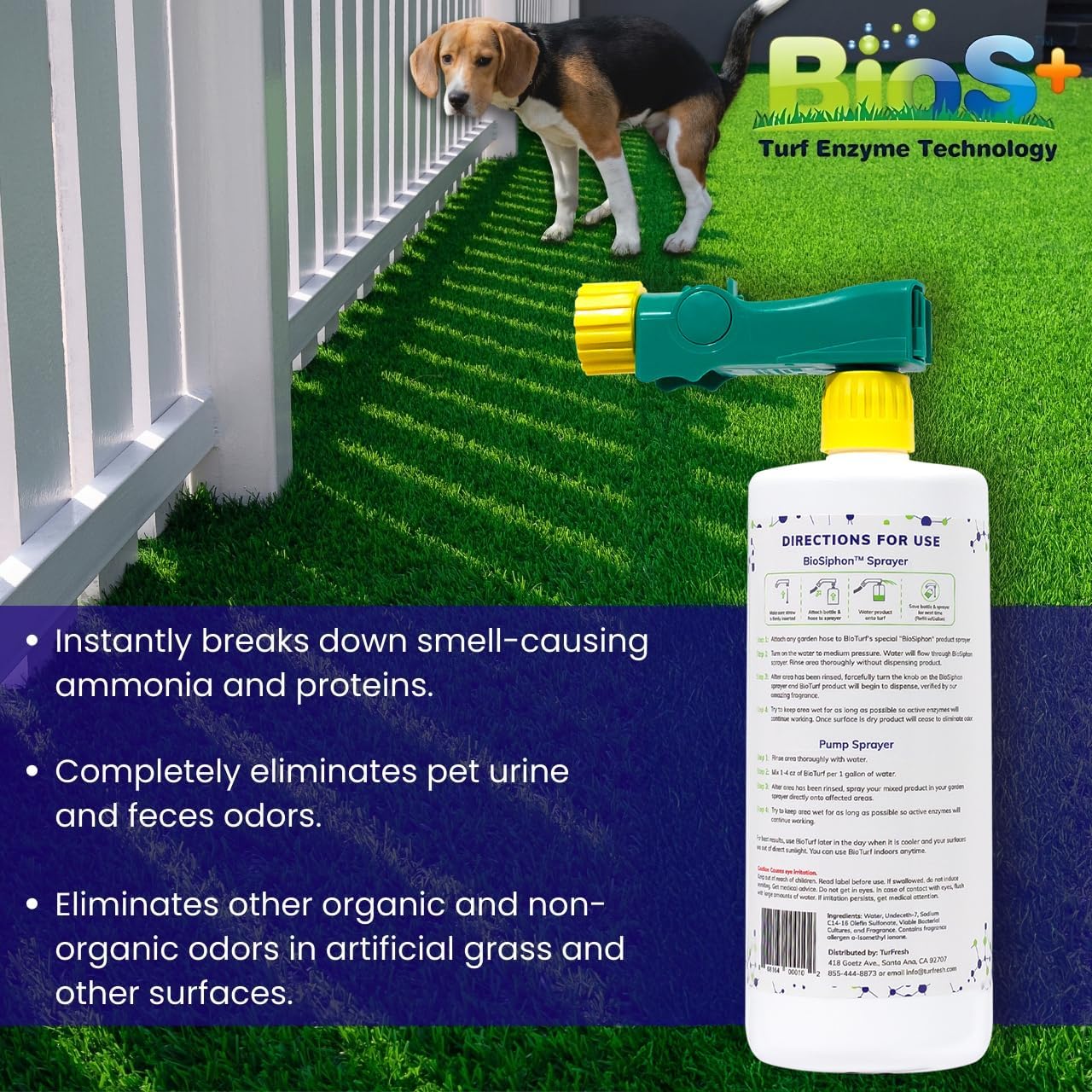 BioTurf BioS+ Odor Eliminator Concentrate - Artificial Turf Cleaner for Dog Urine & Feces - Outdoor Yard Deodorizer Enzyme Odor Eliminator for Fake Grass, Patios, Kennels & Gravel 32 oz Bottle 2-Pack