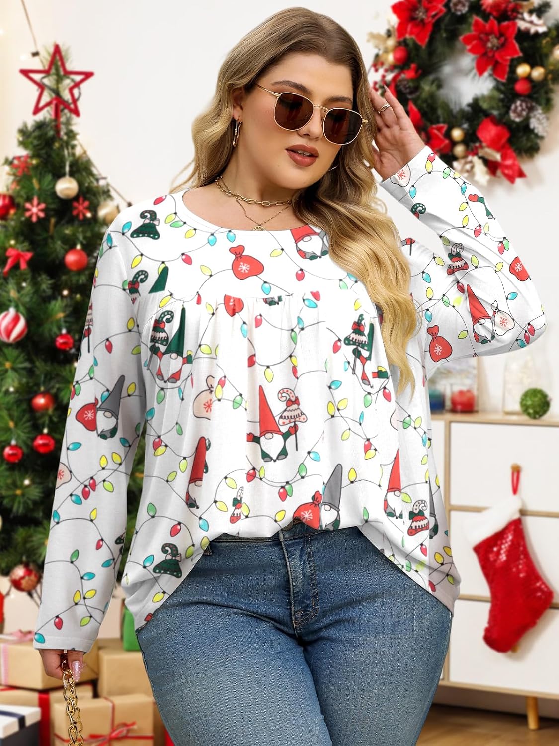 Condition photo showing New/Like New for julyclo plus size christmas tunic pleated blouse shirt women merry christmas long sleeve colorful print graphic tops women white xx-large plus