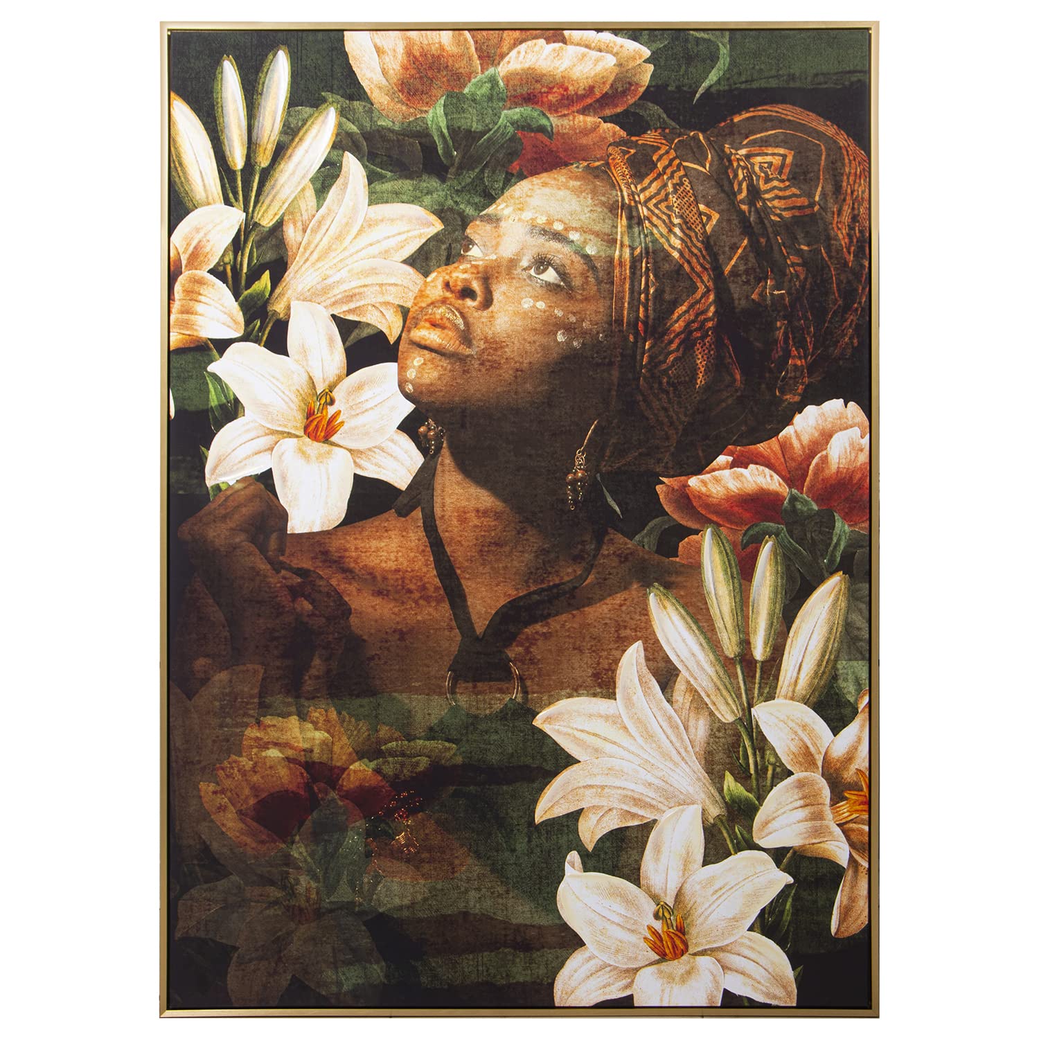 Tableau femme et fleurs poésie murale et douceur cadre doré DRW