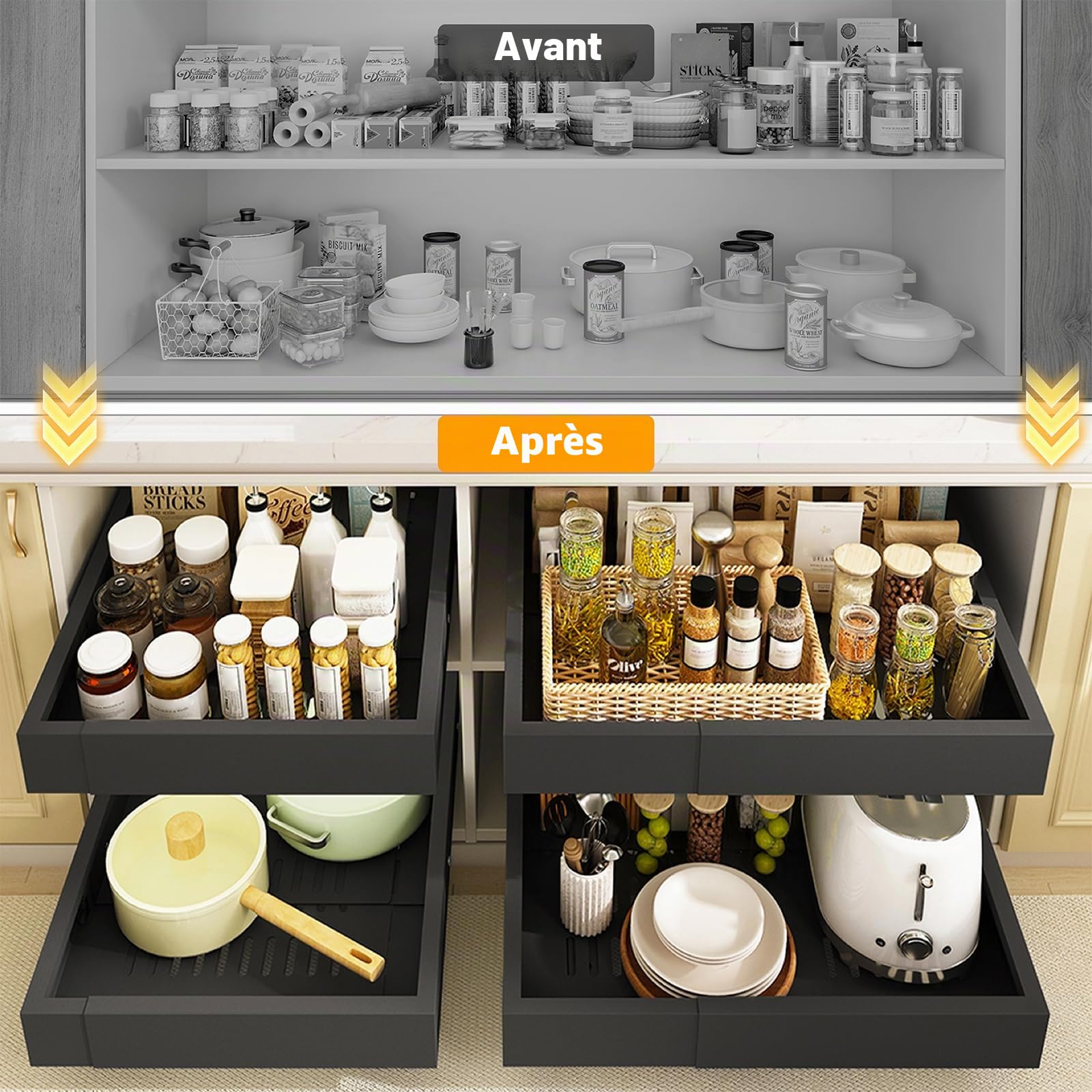 Lot de 2 Tiroirs Coulissants Cuisine-4 directions extensibles, Largeur 32–53 cm & Profondeur 41,5–61 cm, Tiroir Télescopique Métallique, Organisateur d'Armoire, Montage Adhésif/Vis, Noir
