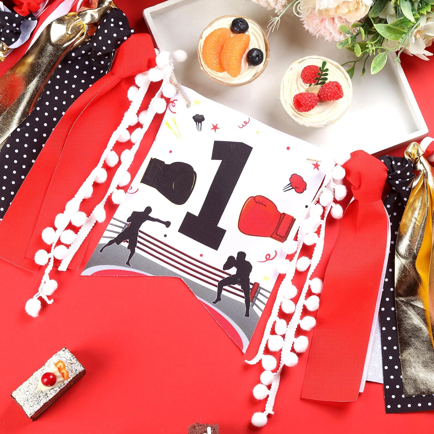 Boxing 1st Birthday High Chair Banner Red Black Boxing Theme 1st Birthday Decor Round One Boxing Match Birthday Boxer Sport Birthday Decor Wrestling Party Supply for Boy's Boxing Theme Party