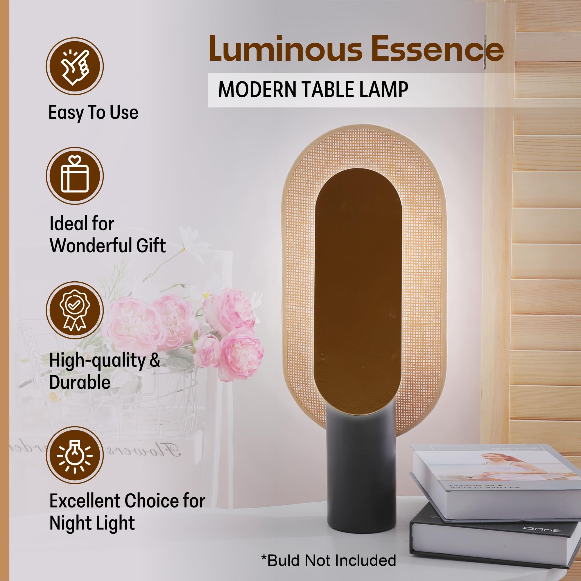 Kuber Industries Aesthetic & Modern Bedroom Lamp for Side Table | Office & Desk Table Lamp for Living Room and Home Decor with Paper Frame & Iron Base | Black & Gold-23AT14