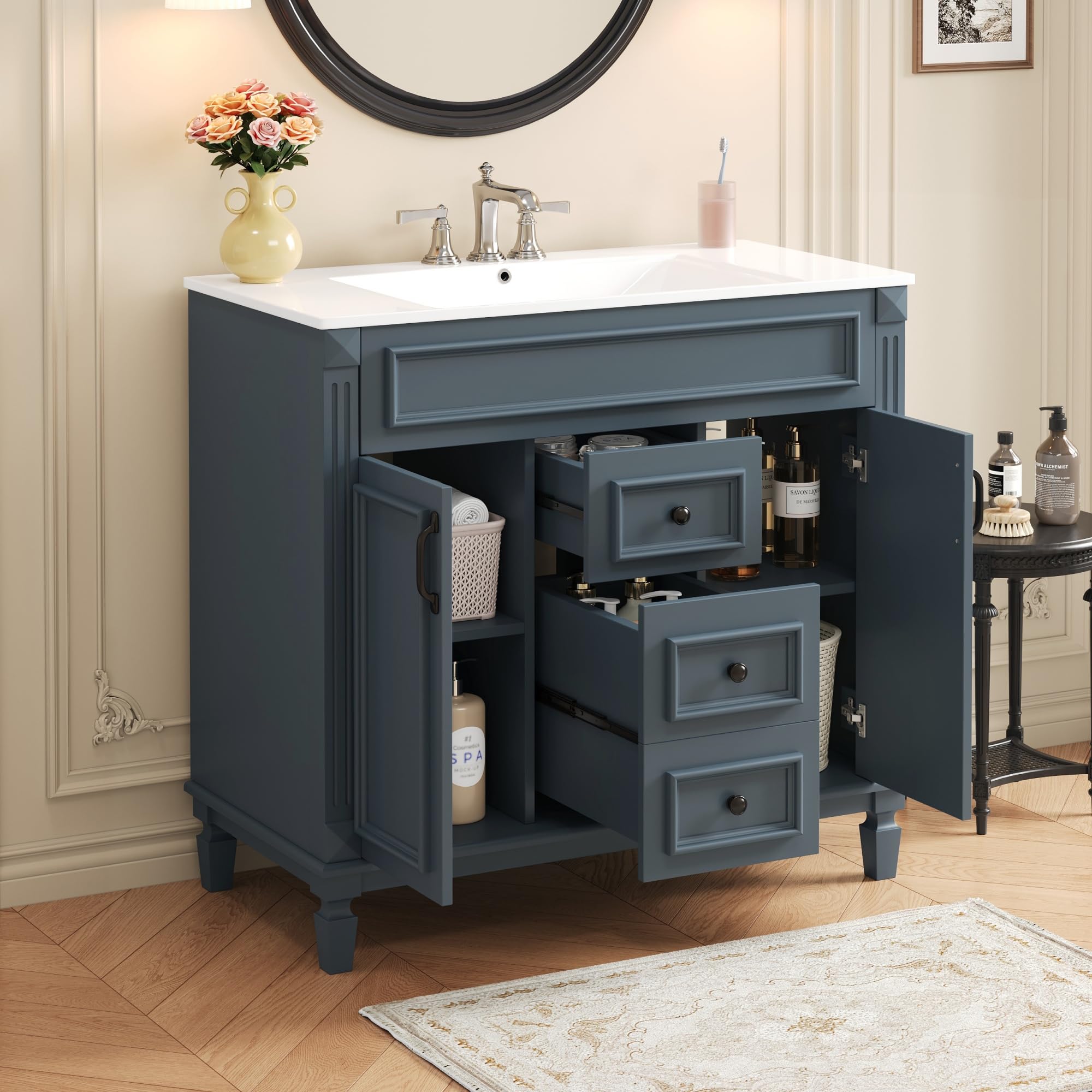 Favfurish 36" Bathroom Vanity with Ceramic Sink, Undermount Single Basin Bath Vanity Set w/2 Soft-Close Doors &amp; 2 Drawers, Adjustable Shelf, Modern Freestanding Solid Wood Frame Storage Cabinet, Blue