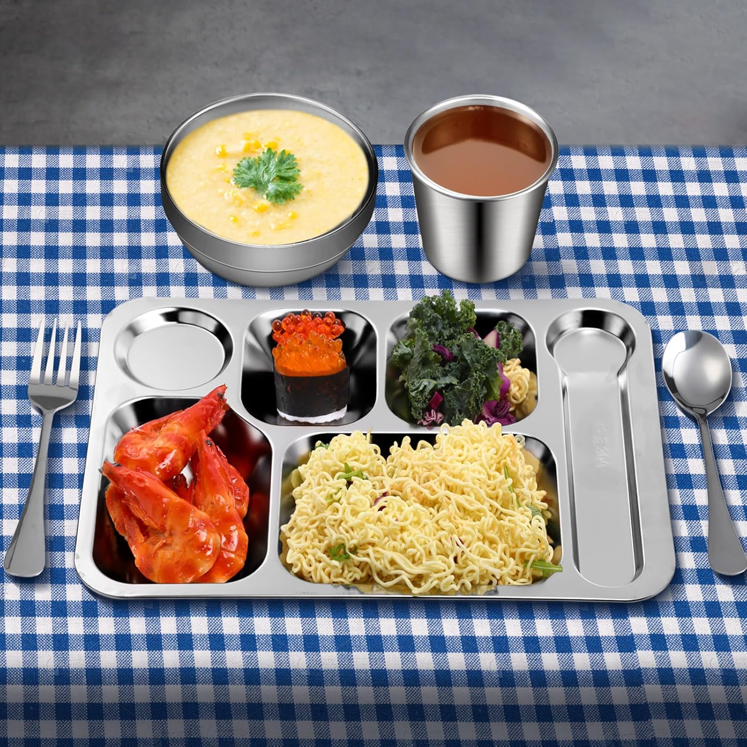 20 Pcs Stainless Steel Plates Bowls Cups Spoons Forks 304 Stainless Steel Dinnerware Set Divided Plates Dinner Tray for Home Kitchen Restaurant(6 Compartment) - Image 7