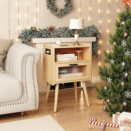 Miniatura 76 de Mesita de noche moderna de mediados de siglo con estación de carga, mesitas de noche con puerta de cristal, mesa auxiliar con espacio de Gris