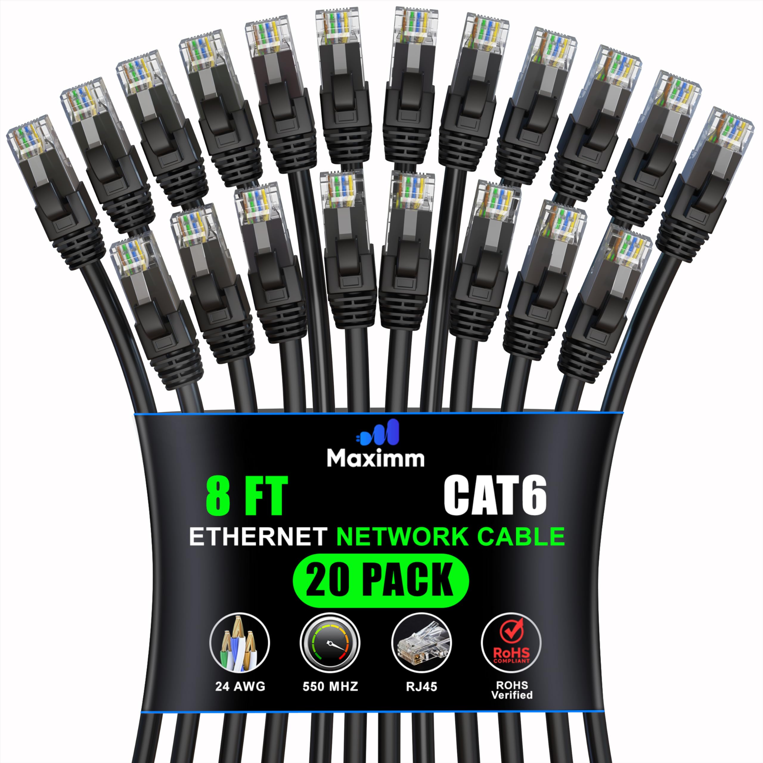 Maximm Cat 6 Ethernet Cable 8 ft (20-Pack) - High-Speed LAN Cable, Internet Cable, Patch Cable, and Network Cable - UTP, 10Gbps, 550MHz Ethernet Cord