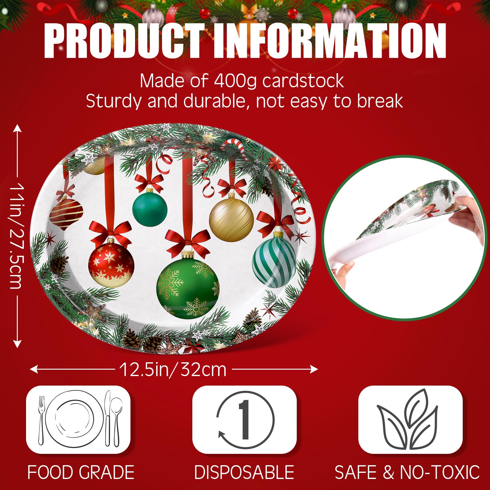 Hsei Lot de 100 grandes assiettes ovales jetables en carton de Noël de 25,4 x 30,5 cm - Assiettes en papier pour Noël - Décoration de table de Noël