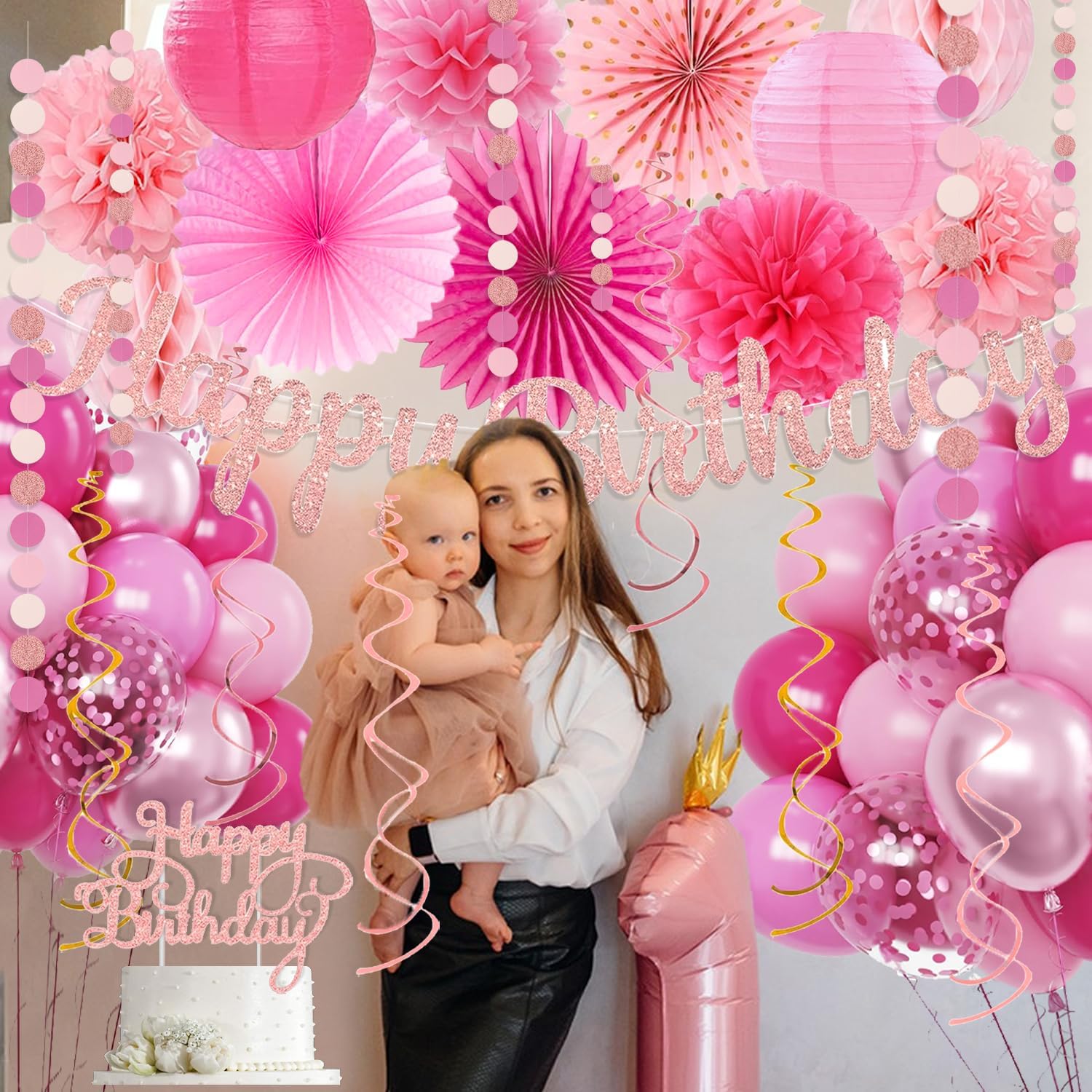 Hot Pink Boho Birthday Party Decorations - 62pcs Happy Birthday Banner, Pink Rustic Paper Lanterns, Streamers, Tissue Pom Poms, Rose Gold Blush Party Balloons, Birthday Decorations for Women Girl