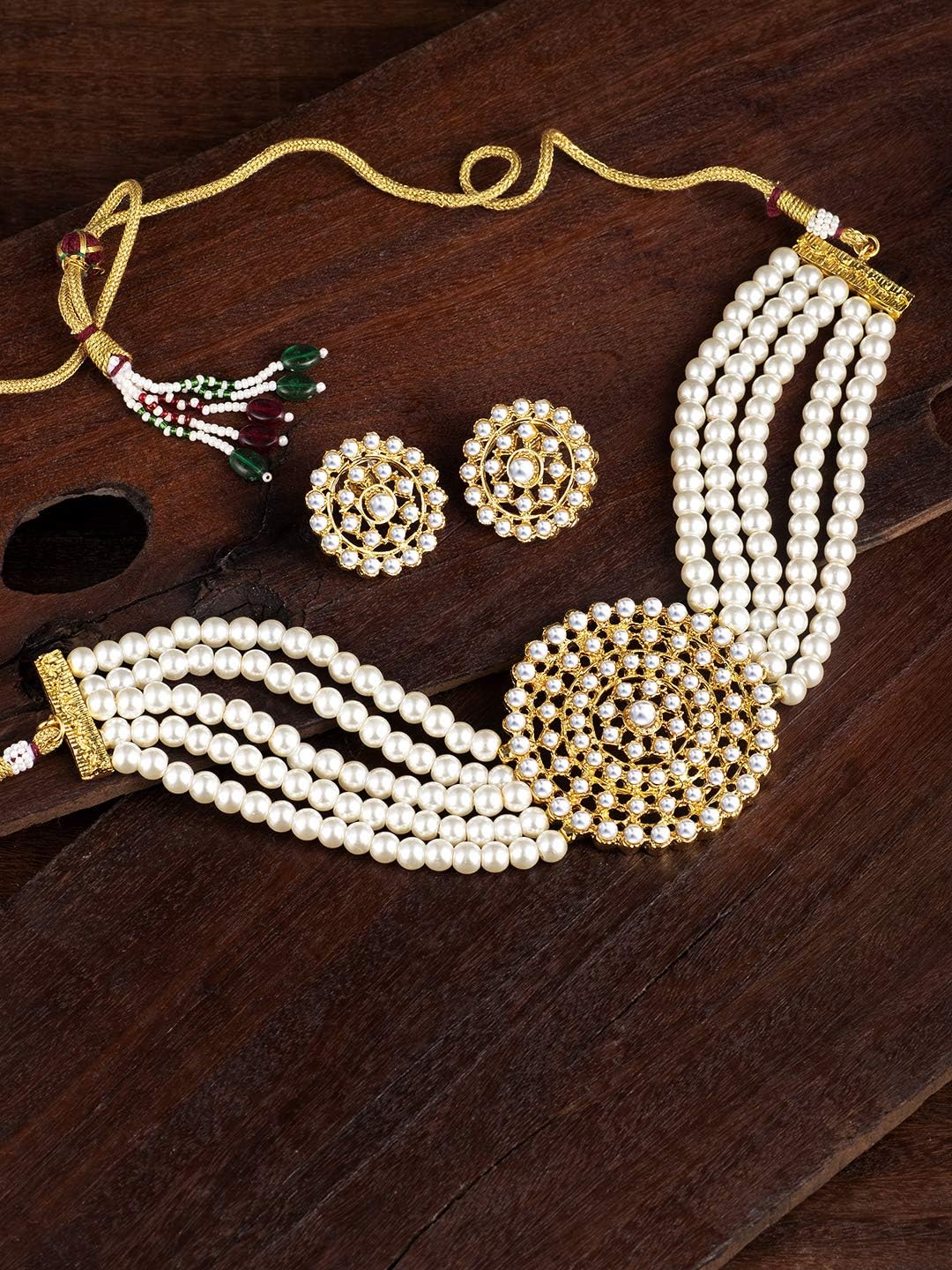 Aheli Pearl Diamond Choker Necklace & Round Earrings Gift for Women Indian Traditional Bollywood Fashion Bharatanatyam jewellery set