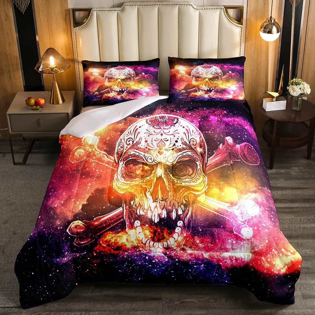 Loussiesd Death Skull Galaxy Skull Bedding Set Gothic Bones Style Duvet for Kids Adults 3D Skeleton Design Milky Way Duvet Insert Ultra Soft Double Size