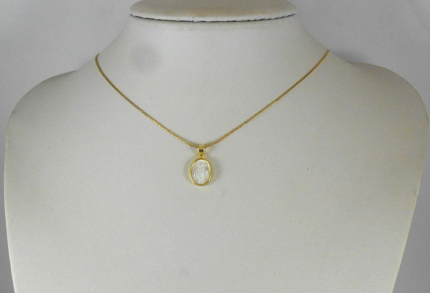 Minimalist Tiny 14K Yellow Gold Natural Mother of Pearl Base Cultivated, Grown in pools Miraculous Mary Medal Necklace Pure Plated Communion confirmation Religious Gift 18" / 0.4"x 0.6" - Image 7