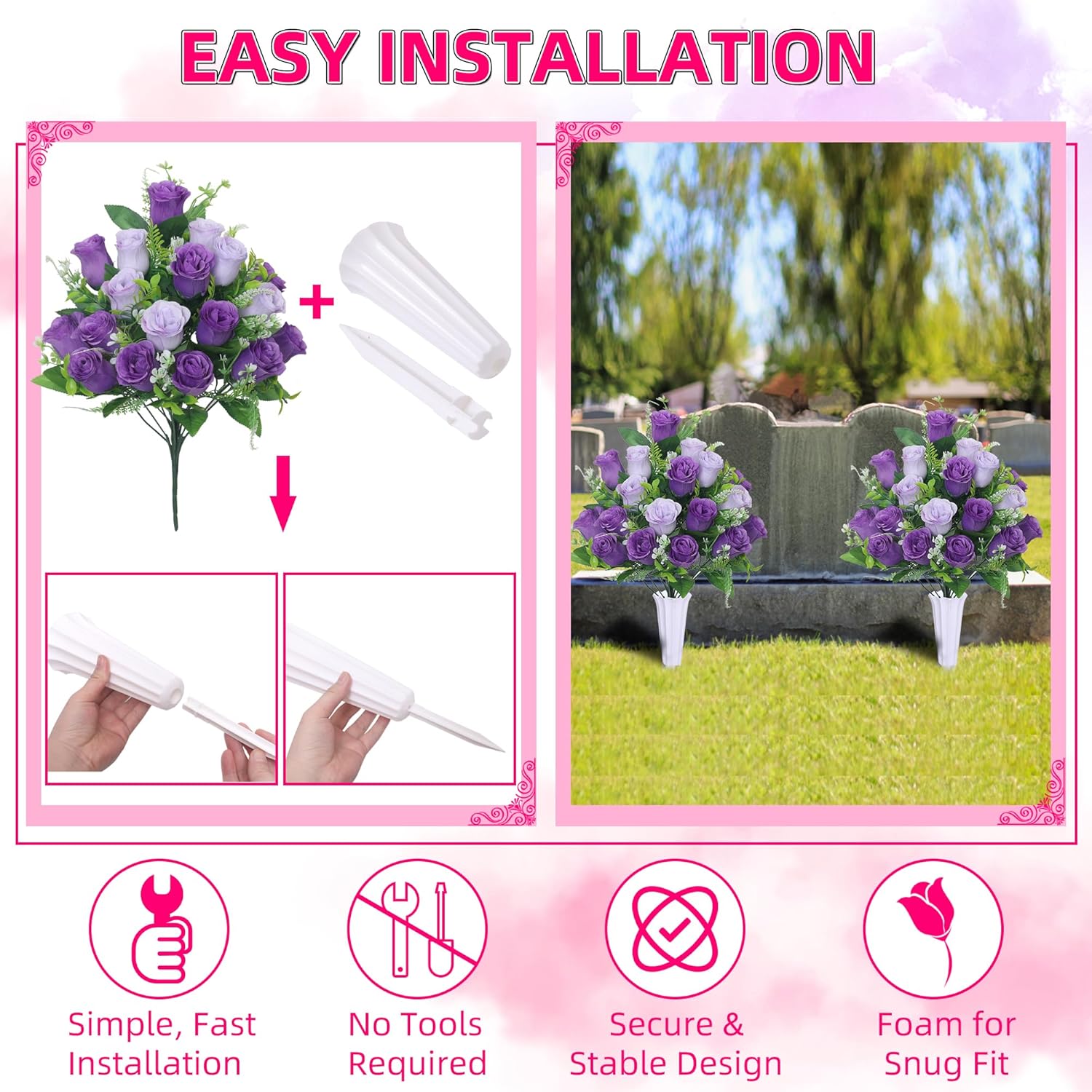 Set of 2 Artificial Cemetery Flowers, Grave Memorial Flowers with Vase, Outdoor Grave Decorations Roses for Cemetery Headstones Decoration (Purple) - Image 6
