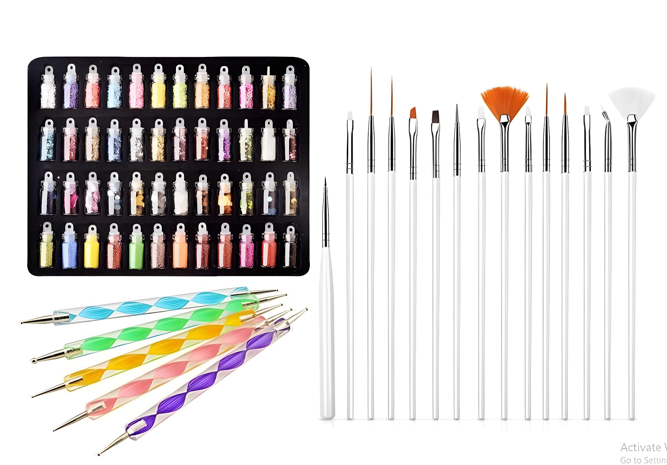 Nail Art Brushes | Nail Art Design Painting and Drawing UV Polish Brush Tool Kit | 15 pcs Nail Art Brushes Kit | 48 Color Mini Glass Bottles with 5 pcs Nail Dotting Pens (Pack Of 3)-image-19