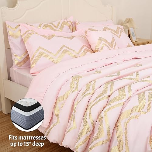 Miniatura 3 de Edredón para cama de tamaño Queen, 8 piezas de ropa de cama rosa y oro rosa en una bolsa, juegos de ropa de cama para niñas con 1 edredón, sábana