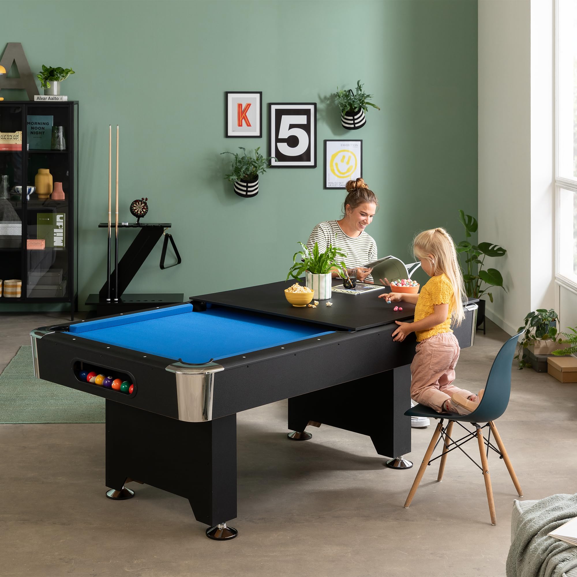 Billardtisch San Diego in Größe 6/7ft. hochwertiger Poolbillard, 20 mm Starke MDF Spielplatte, Naturbandengummi, Kammgartuch, Ballrücklauf, inkl. Spielzubehör