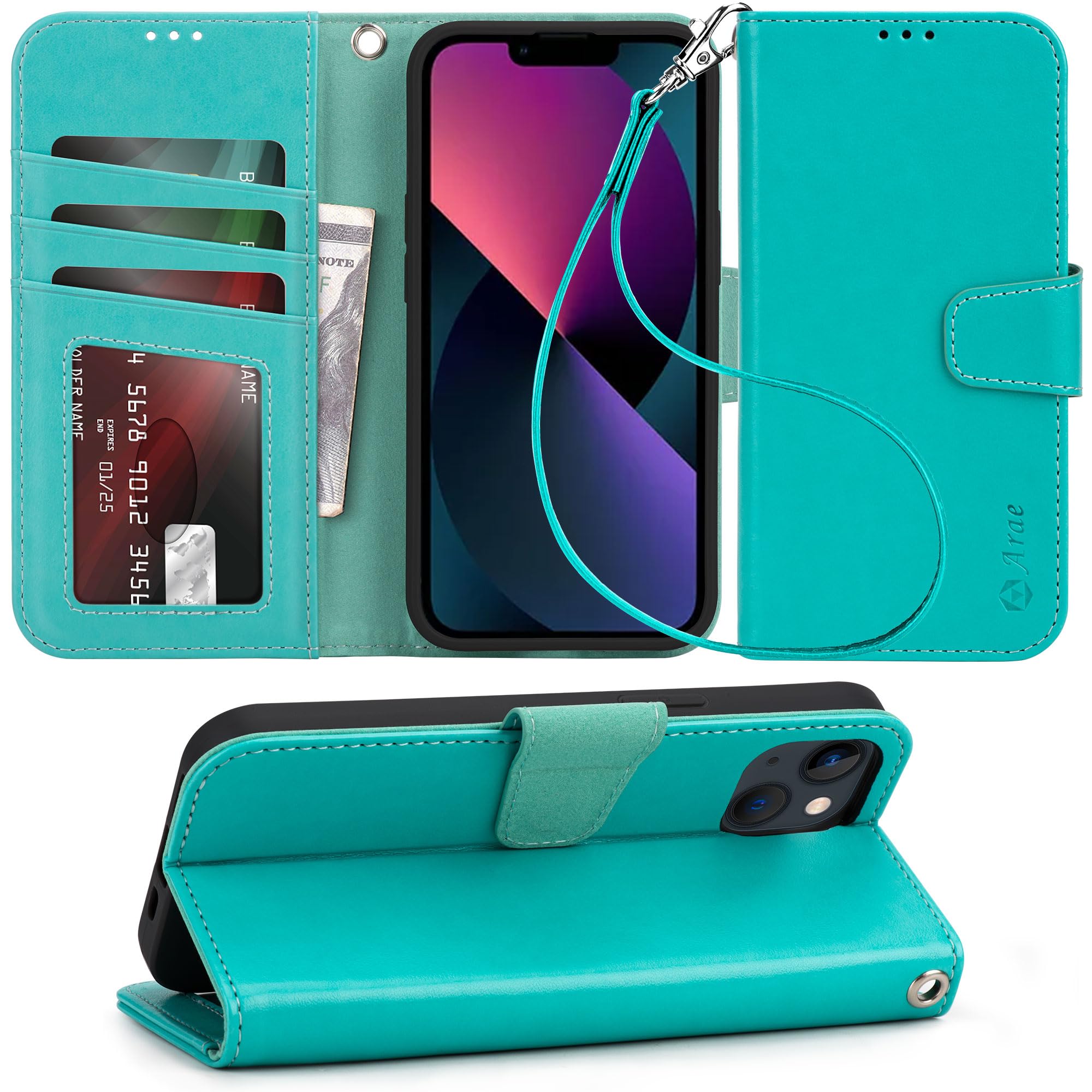 Photo 1 of Arae Compatible with iPhone 13 Case with Card Holder and Wrist Strap Wallet Flip Cover for iPhone 13 6.1 inch,Green iPhone 13(6.1") Green
