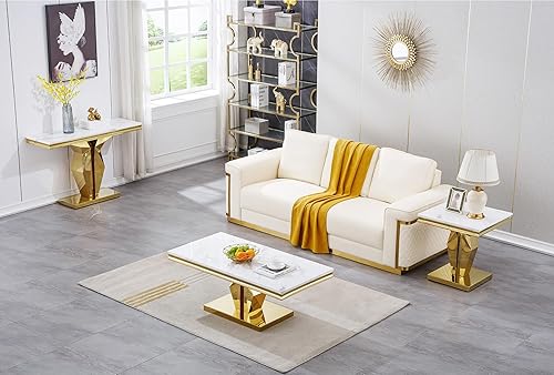 Vista 9 de Henf Mesa consola de mármol sintético, mesa de entrada de mármol blanco de lujo con base de acero inoxidable con espejo dorado, elegante mesa