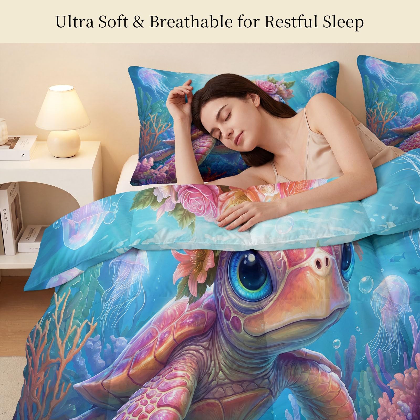 Sommerdecke ohne bezug 155x220 cm Blau Cartoon Tier Blumen Antiallergisch Leichtsteppbett & Ganzjahresdecke - Waschbar mit 2 Kissenbezügen Meeresschildkröte Blumenkranz Weiche und Atmungsaktive Wende