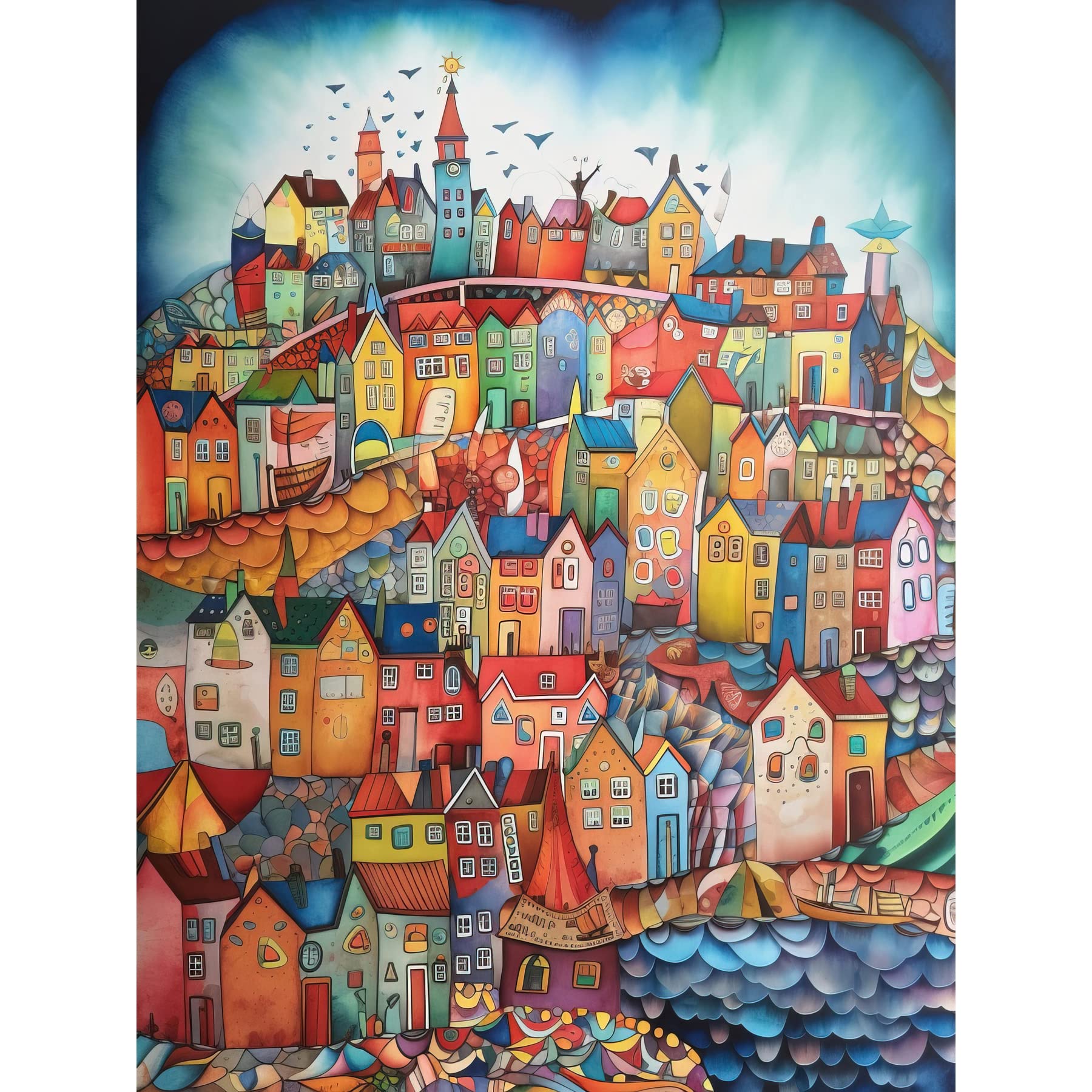 Artery8 Abstract Fishing Village Folk Art Large Wall Art Poster Print Thick Paper 18X24 Inch