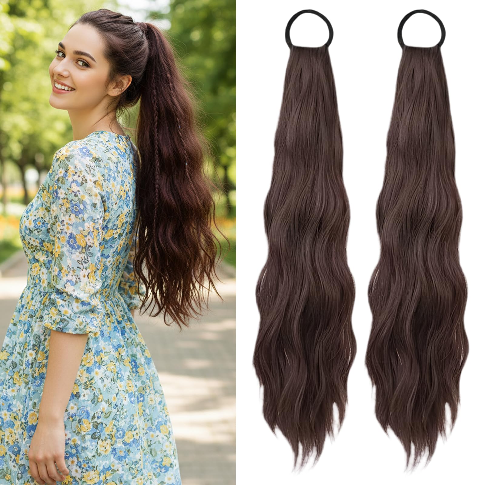 2 Pezzi Extension Capelli Coda 45cm Treccia Finta, Coda Capelli Extension con Elastico Ricci Naturali Strati Dolci Freschi e Naturalmente Chic con Elastico per l'uso Quotidiano Occasioni Speciali