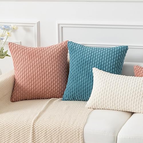 Vista 407 de Kevin Textile - Juego de 2 fundas decorativas cuadradas para cojines, de pana suave y con moderno estilo campestre bohemio a rayas para decorar Óxido