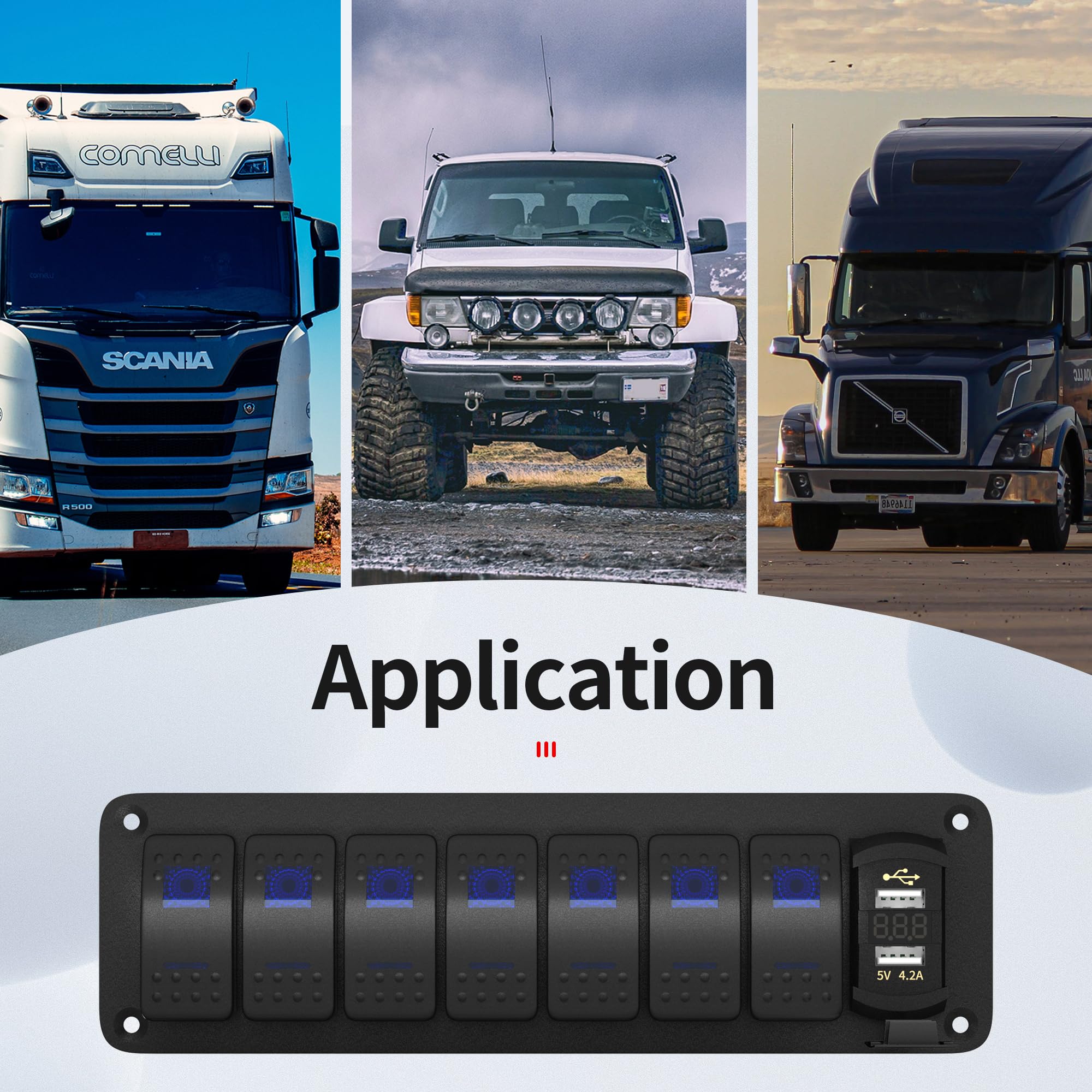 RVBOATPAT Interruttore a bilanciere a 7 marce Barca Interruttore a levetta Impermeabile con caricatore USB Voltmetro 12V 24V DC per automobile verticale UTV camion