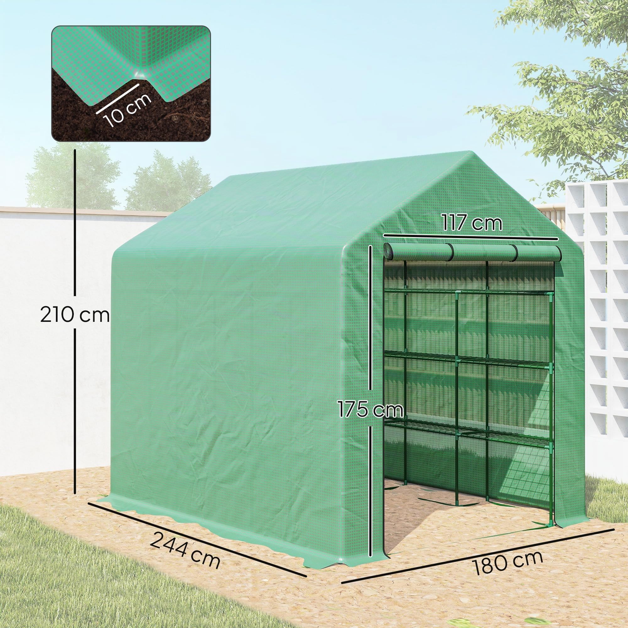 Outsunny Invernadero Pequeño de Exterior con 4 Niveles 244x180x210 cm | Con Puerta con Cremallera y Marco de Acero, para Cultivar Plantas y Flores, Color Verde