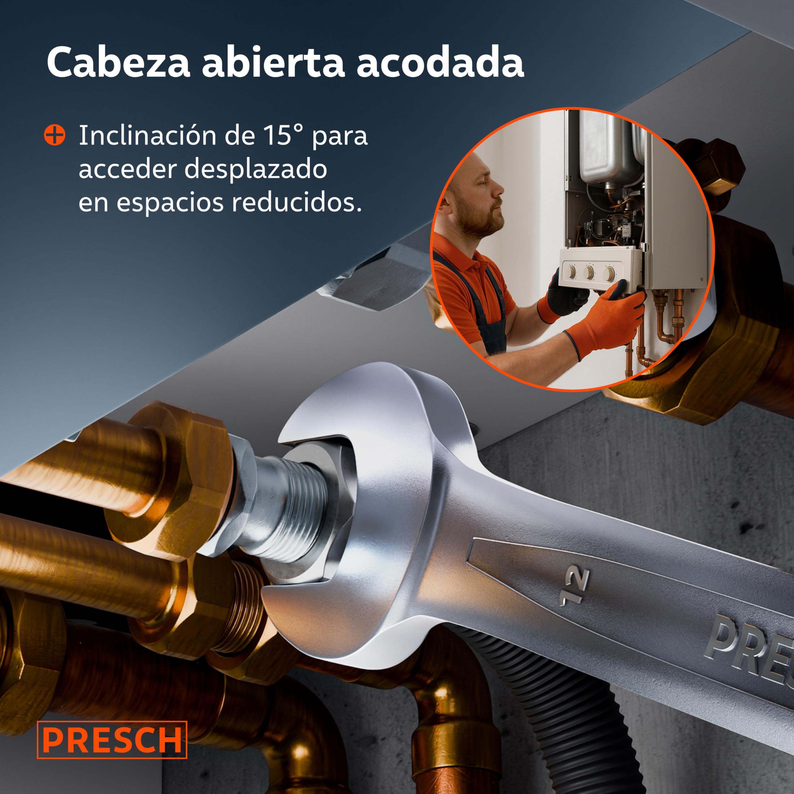PRESCH Llave combinada 12mm - Llave fija con precisión y extremadamente robusta - Extremo de boca inclinado 15° para trabajos en espacios reducidos