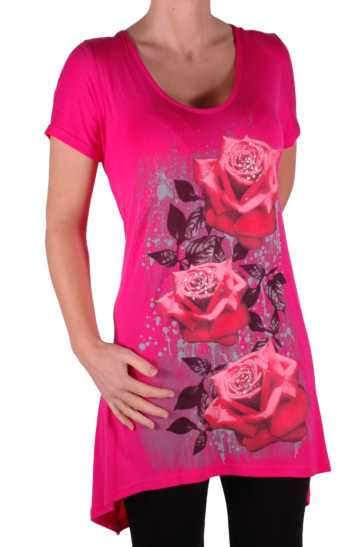 Eye Catch Women's Fushia Plus - Tulip Long Draped Rose Motif Short Sleeve Stretch Top - Comfortable And Adjustable - Sizes 14-28