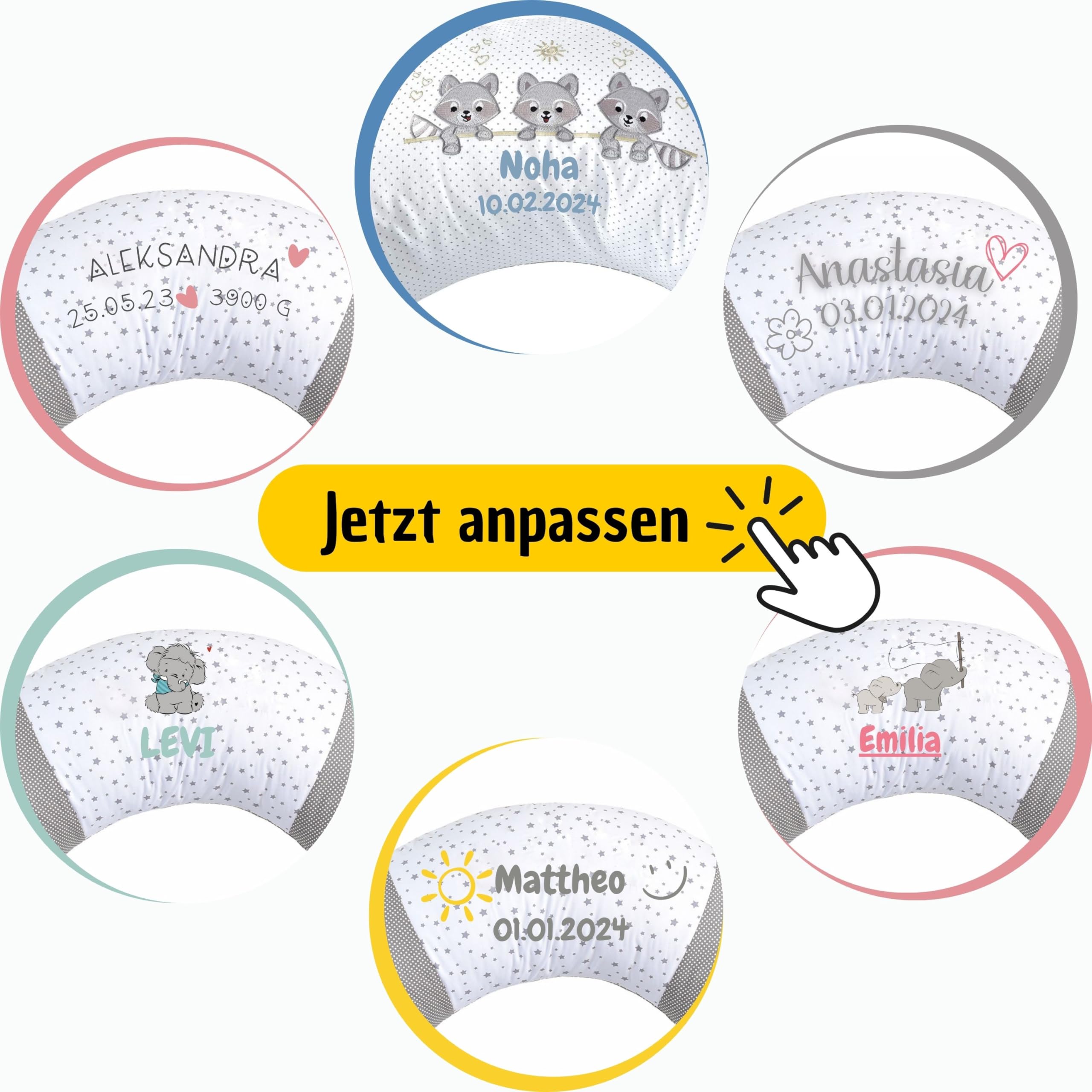 sei Design Stillkissen XXL - personalisiert mit Namen und Geburtsdatum personalisierte Geschenke Baby Junge Mädchen Schwangerschaftskissen 190cm grau groß