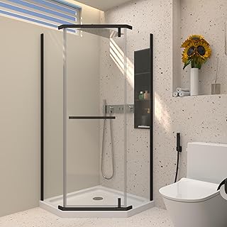 Neo-Angle Shower Doors,1/4" (6mm) Tempered Glass Frameless Pivot Shower Door, 34 3/4"-35 9/16" W x 72" H Shower Doors,Reversible for Left or Right(Shower Base Not Included) (Matte Black)