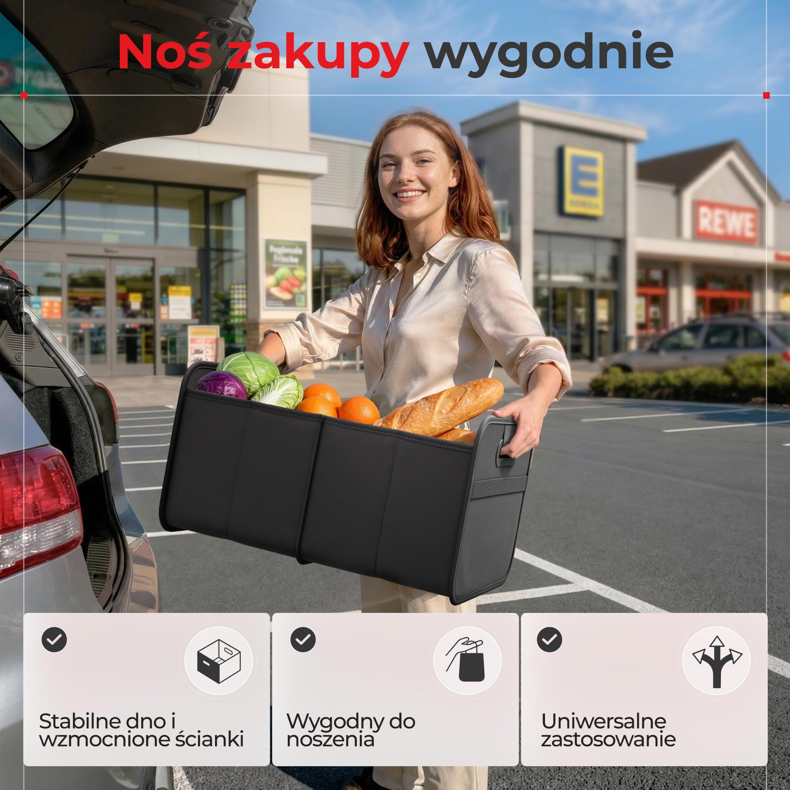 achilles Składane pudełko do samochodu, Organizer do bagażnika, Składana torba samochodowa, Składany kosz, Torby do przechowywania, Torba do bagażnika, Czarna, 50 cm x 32 cm x 27 cm